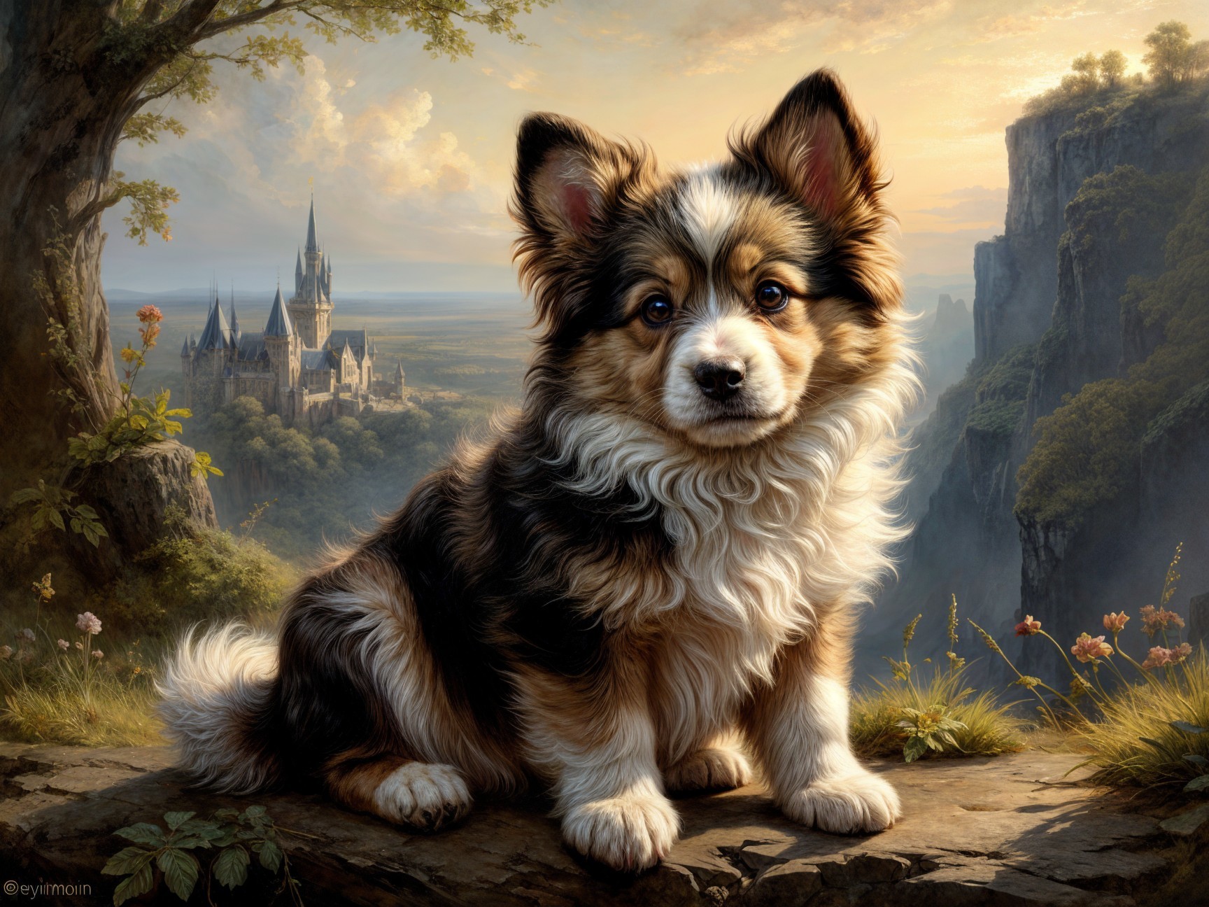Fluffy Dog on Rocky Ledge with Mountain Castle View