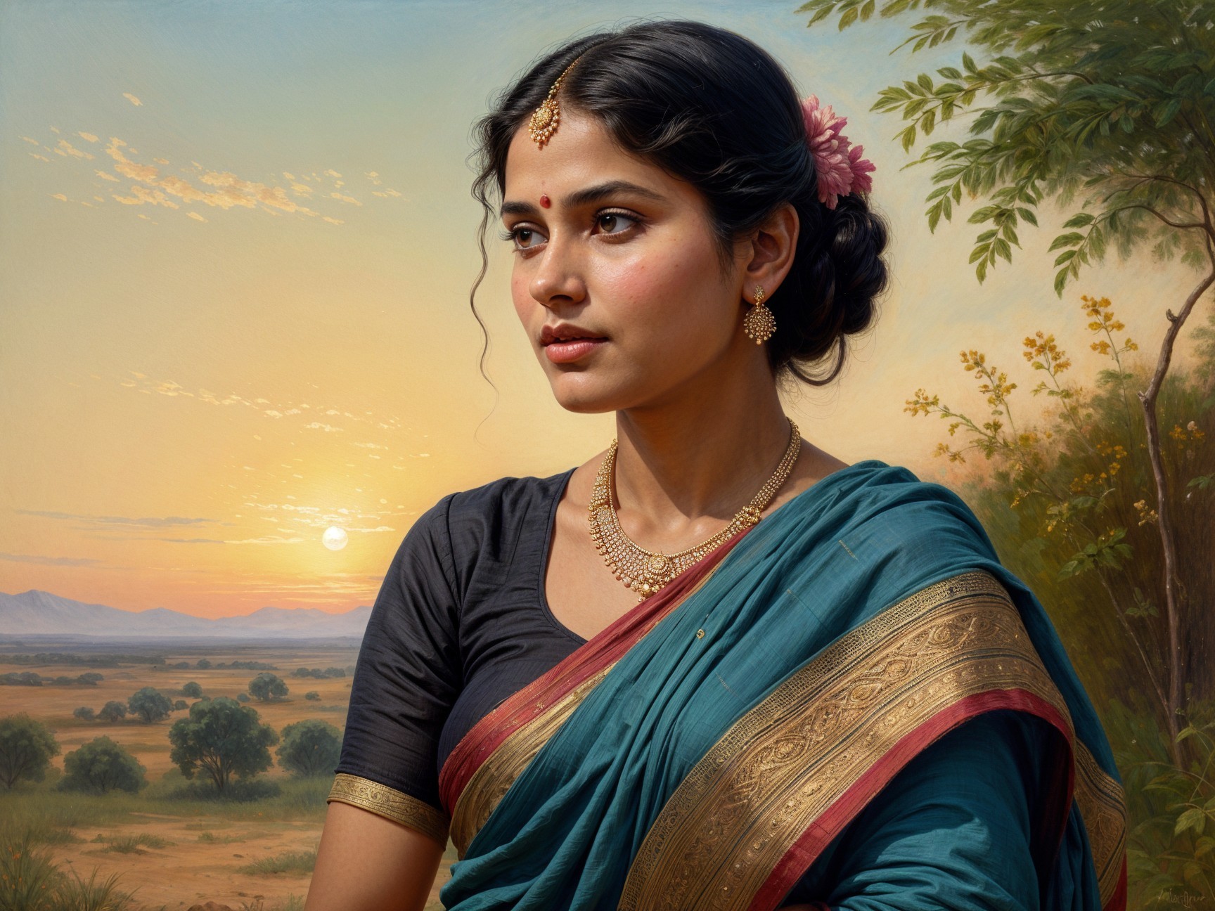 Young Woman in Teal Saree with Sunset Background