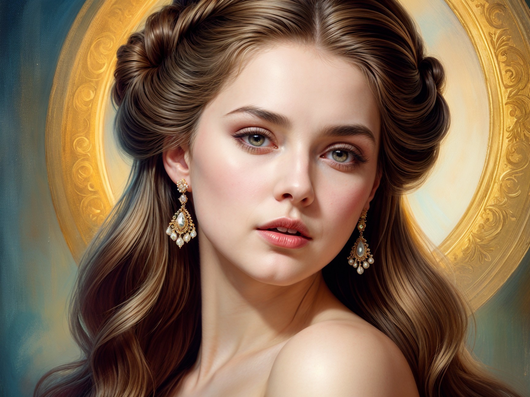 Young woman with wavy hair and pearl earrings