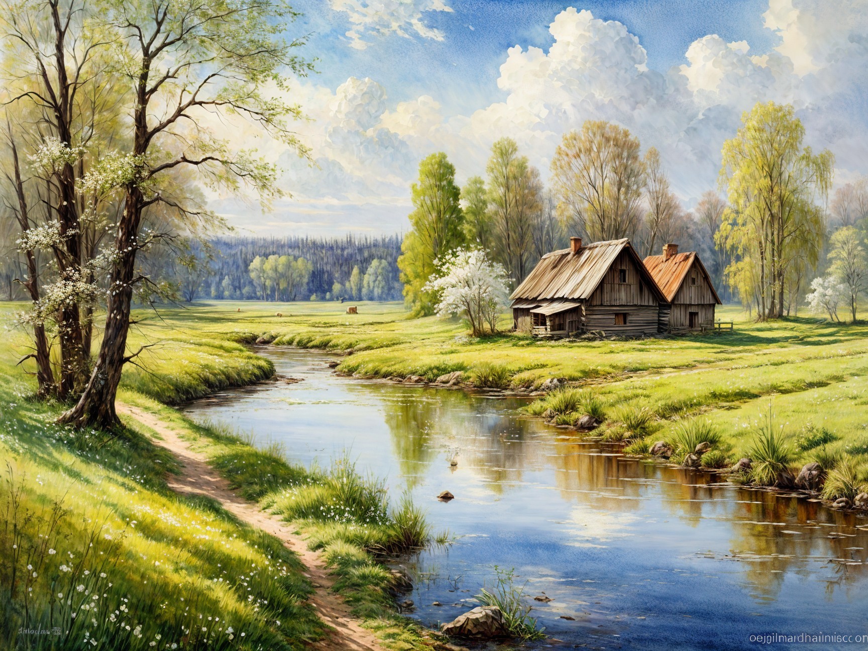 Rustic Cottage by Stream in Serene Countryside Scene
