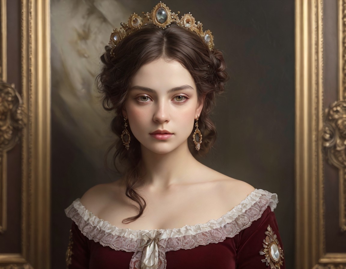 Portrait of young woman in ornate crown and red dress against classic background