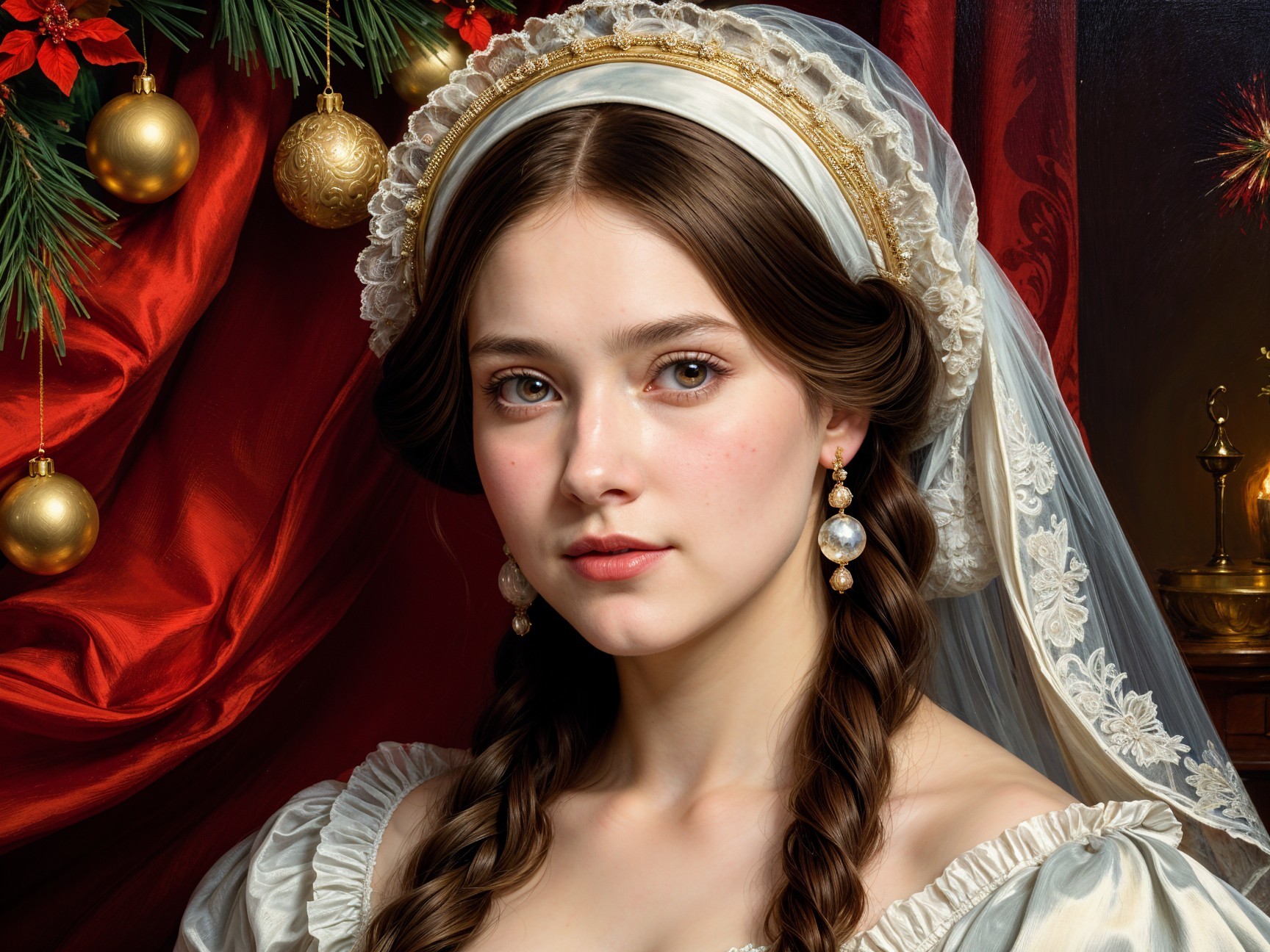 Young woman in gown with festive holiday backdrop