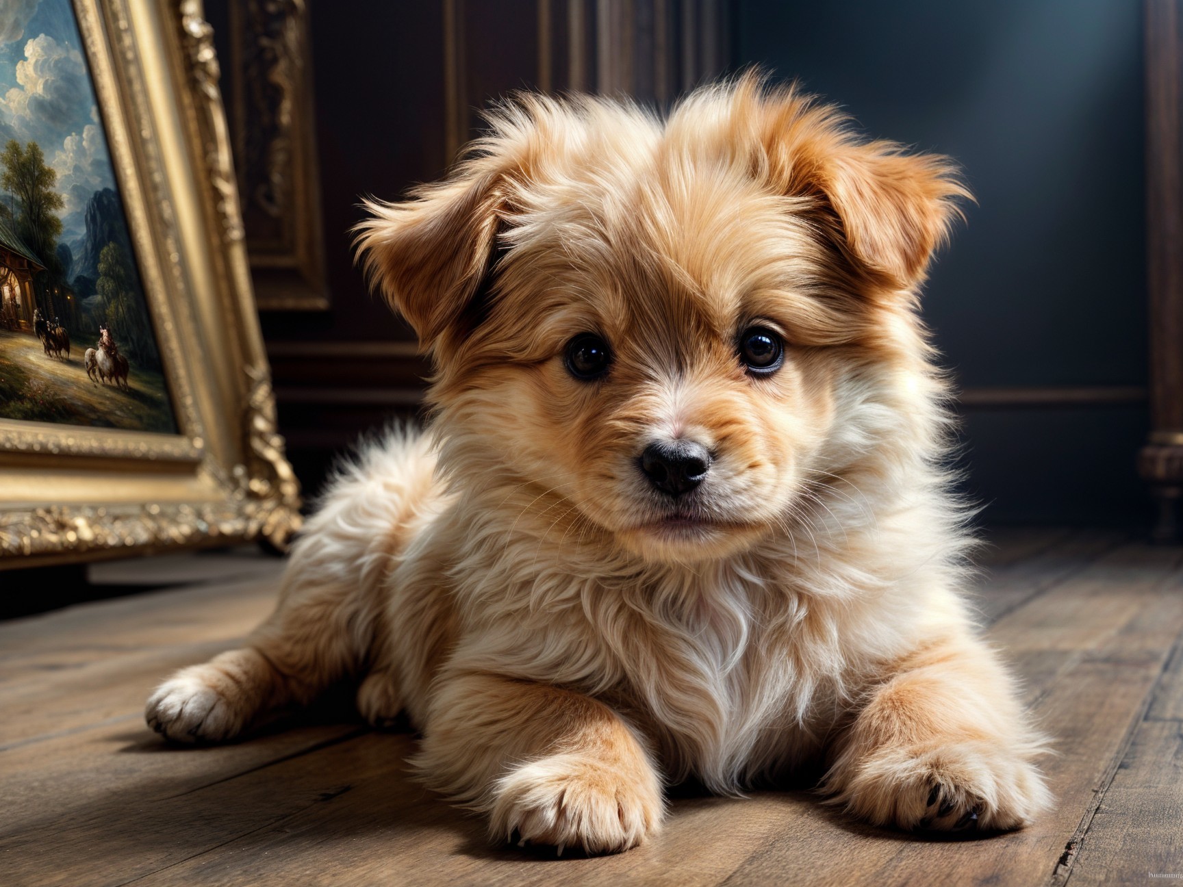 Fluffy Light Brown Puppy on Wooden Floor with Charm