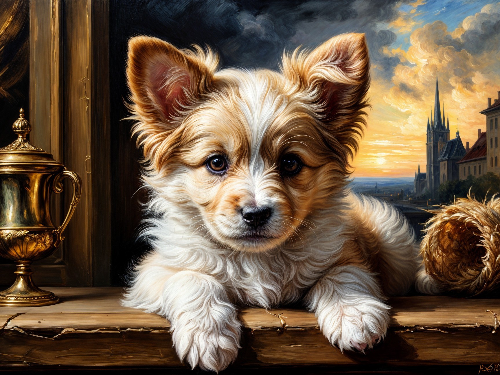Fluffy Dog on Wooden Ledge with Sunset Background