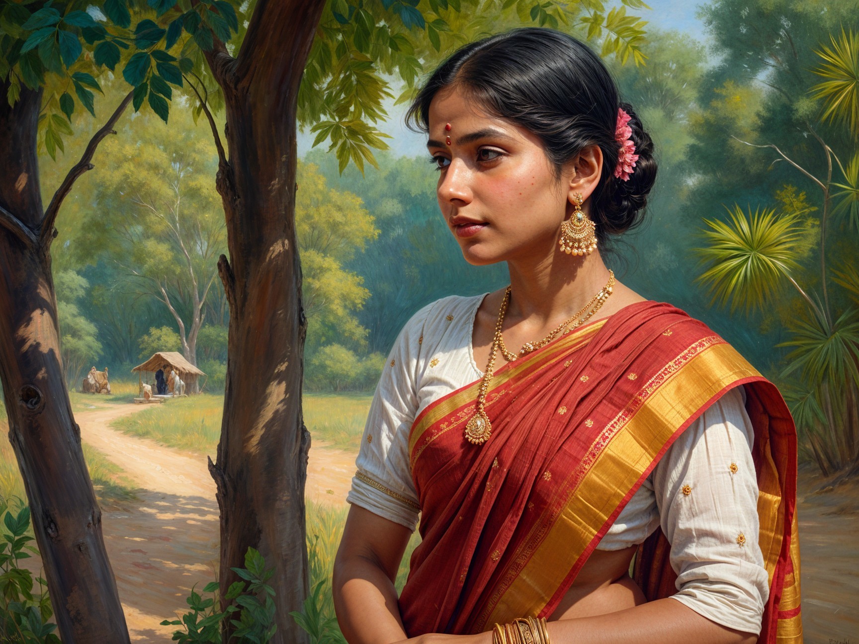 Young Woman in Traditional Saree in Serene Landscape