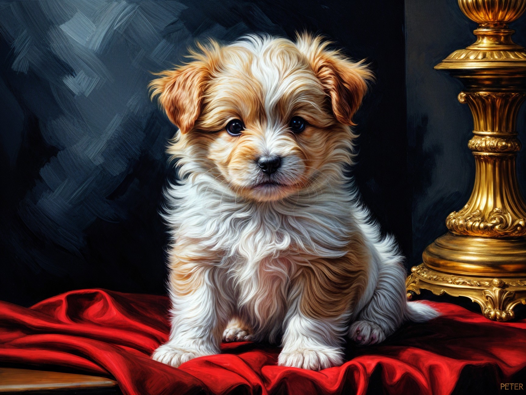 Fluffy Puppy on Red Drape with Golden Lamp Background