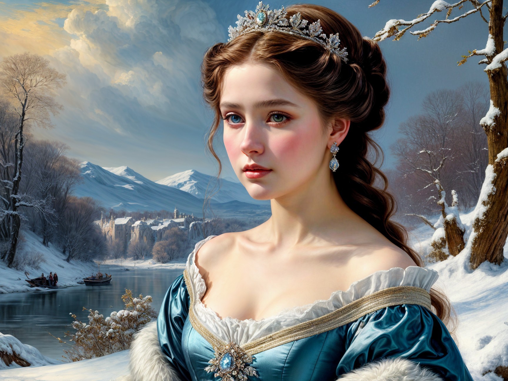 Young Woman in Elegant Gown in Winter Landscape