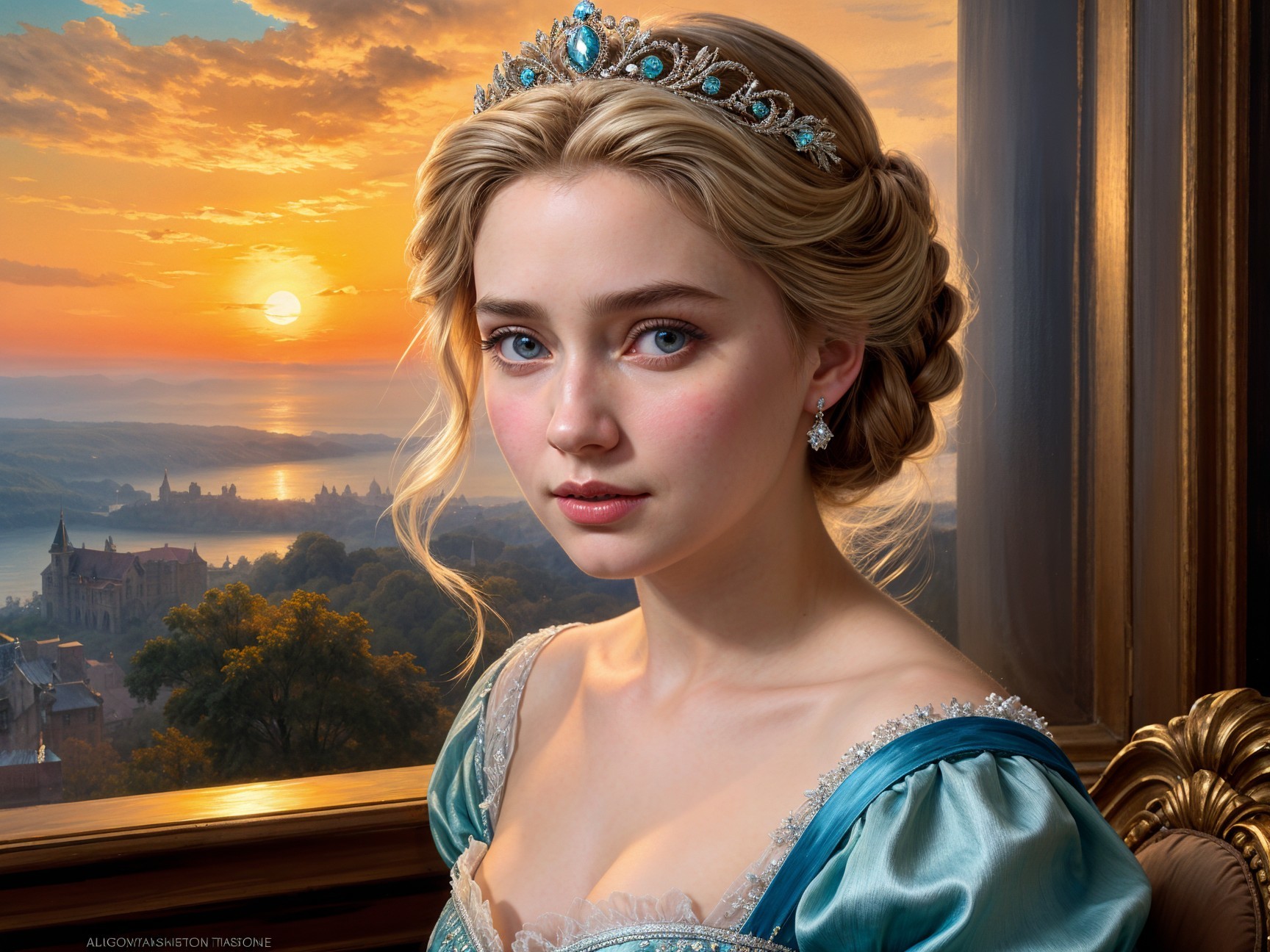 Young Woman in Blue Gown by Grand Window at Sunset