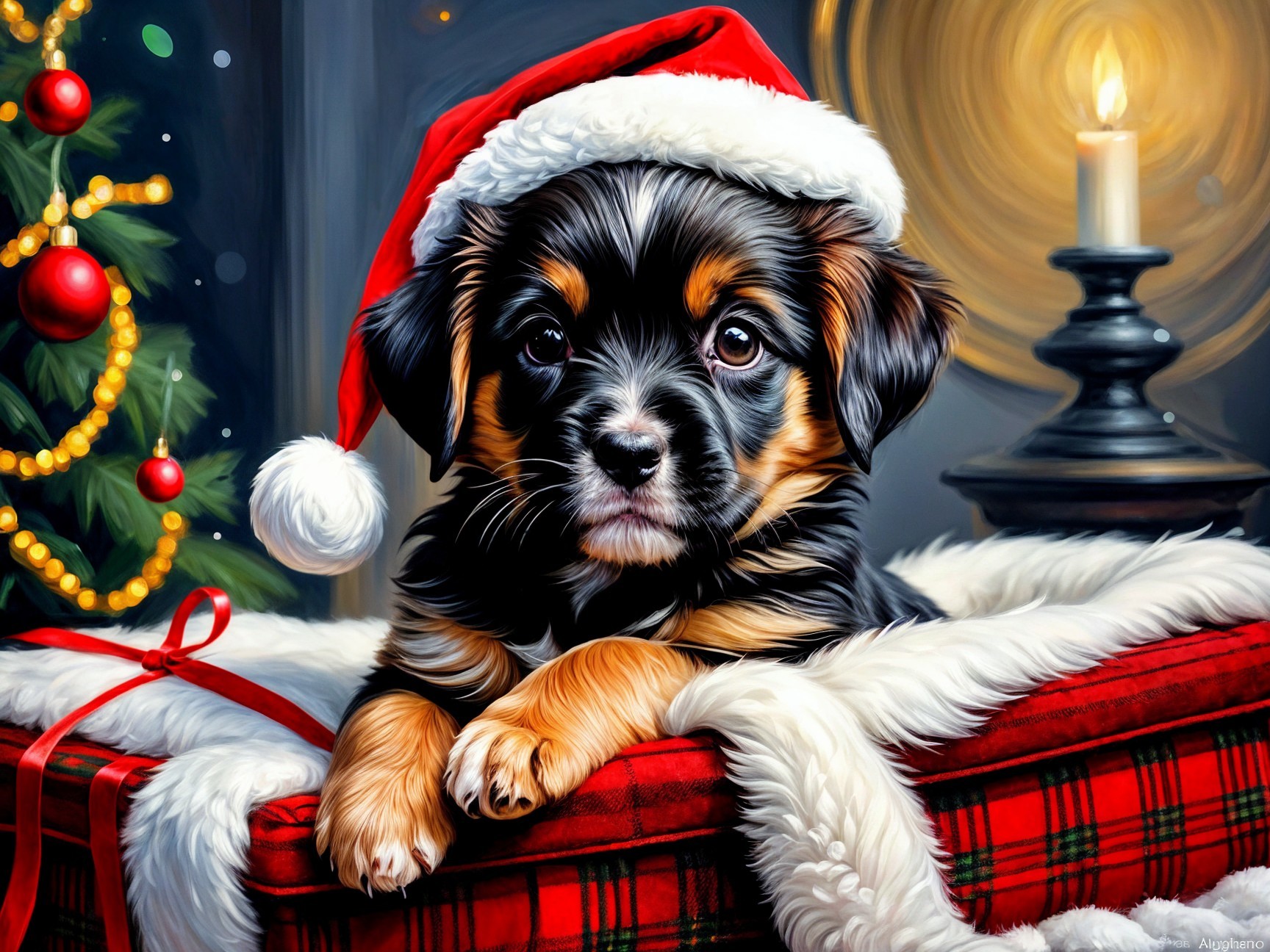 Puppy on Christmas Blanket with Tree and Candle