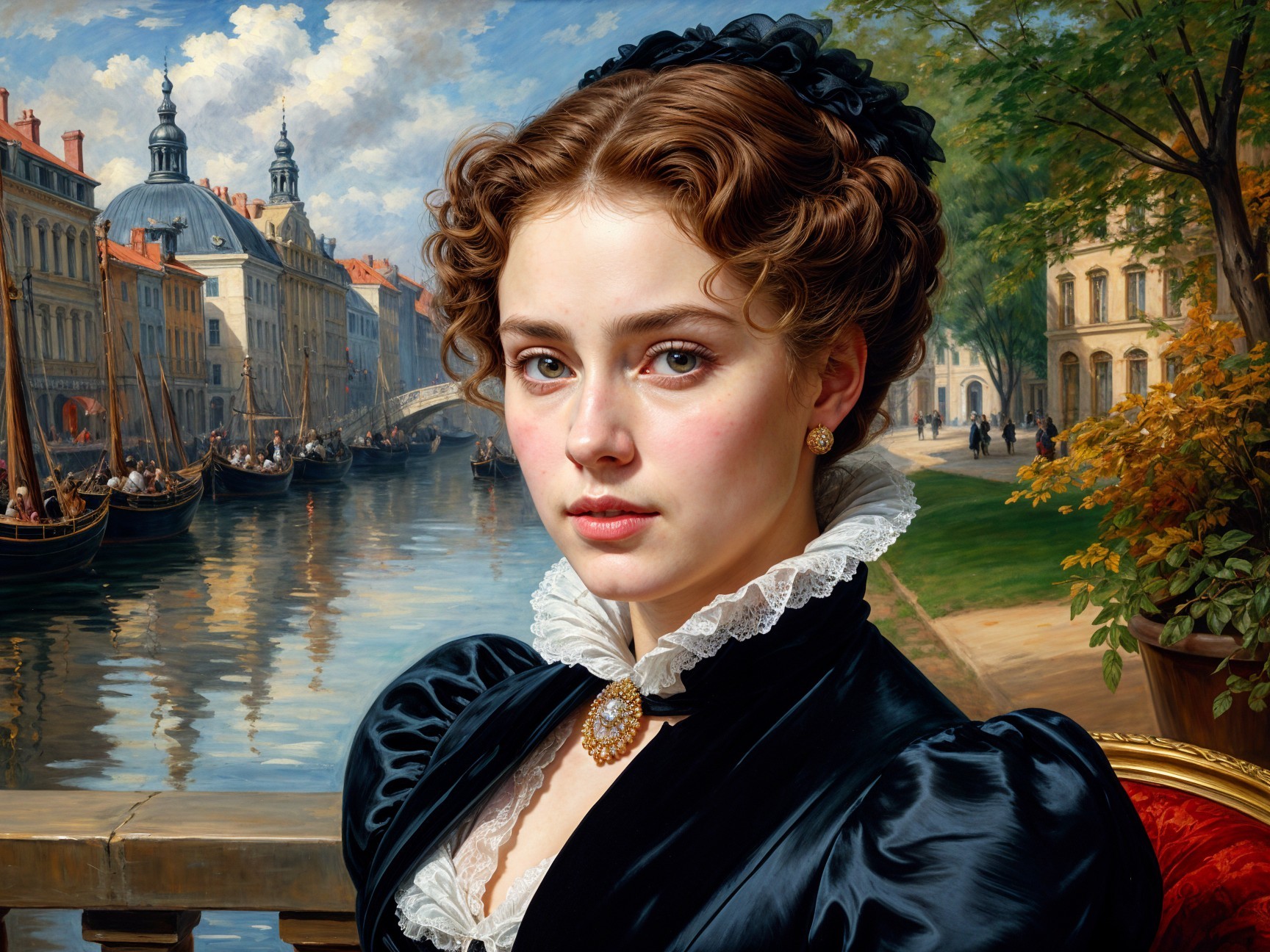 Portrait of a Young Woman by a Picturesque Canal