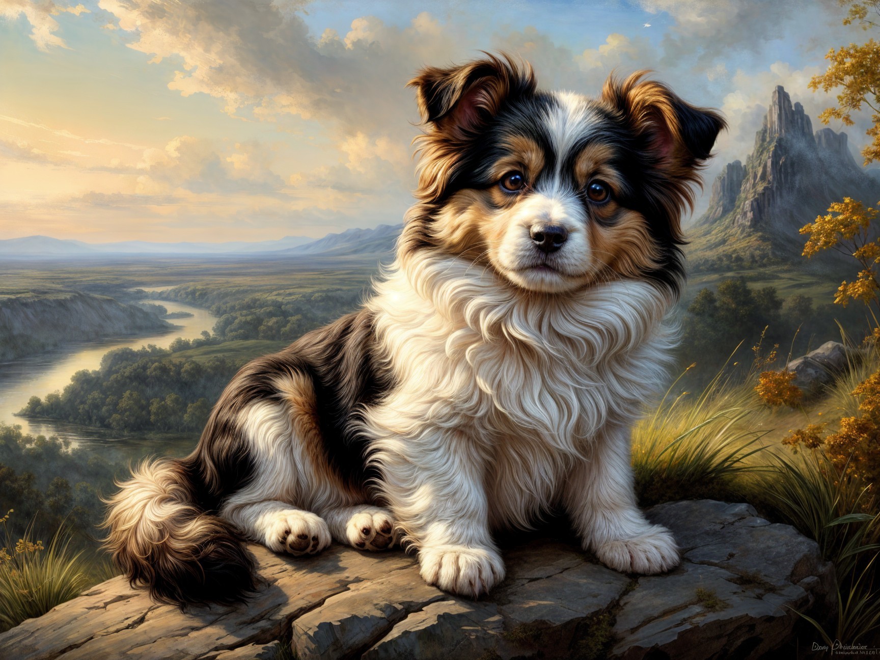 Fluffy Dog on Rocky Outcrop in Scenic Landscape