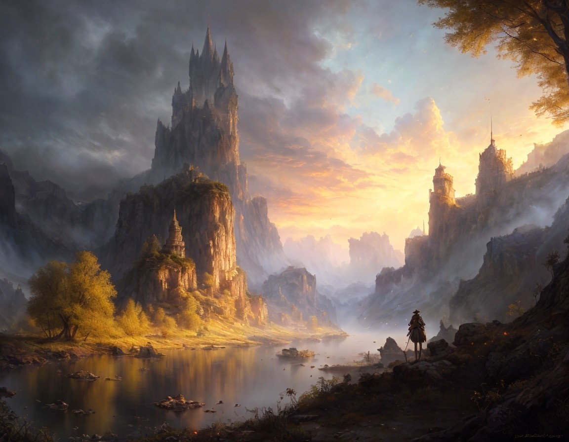 Fantasy landscape with castle, knight, river, and sunset