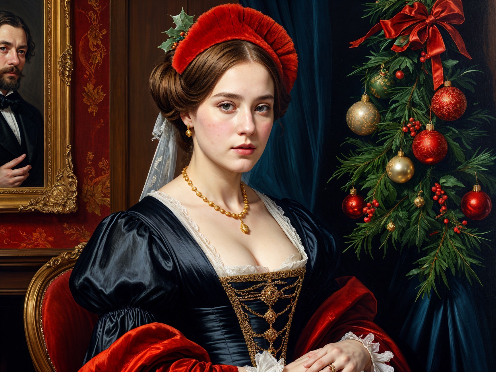 Elegant woman in black gown by festive tree