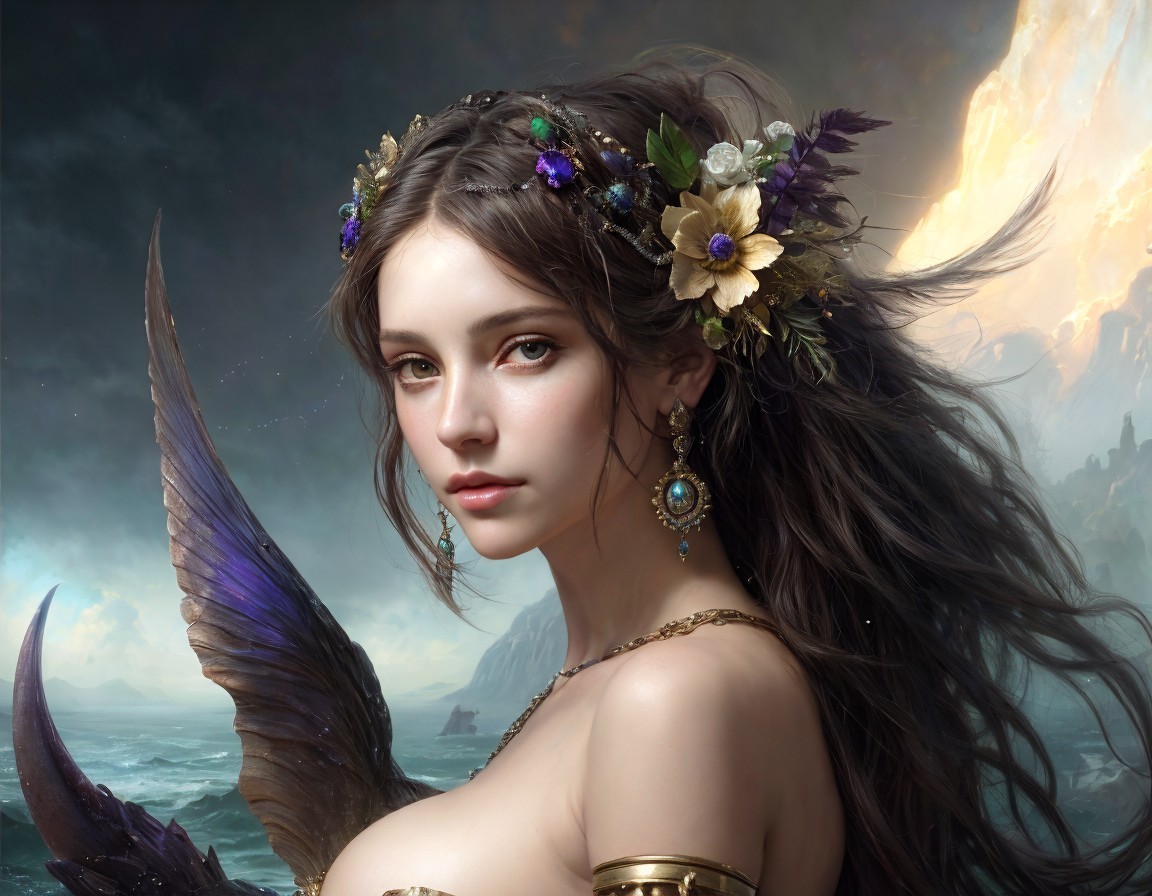 Fantasy Painting of Woman with Floral Crown and Wing