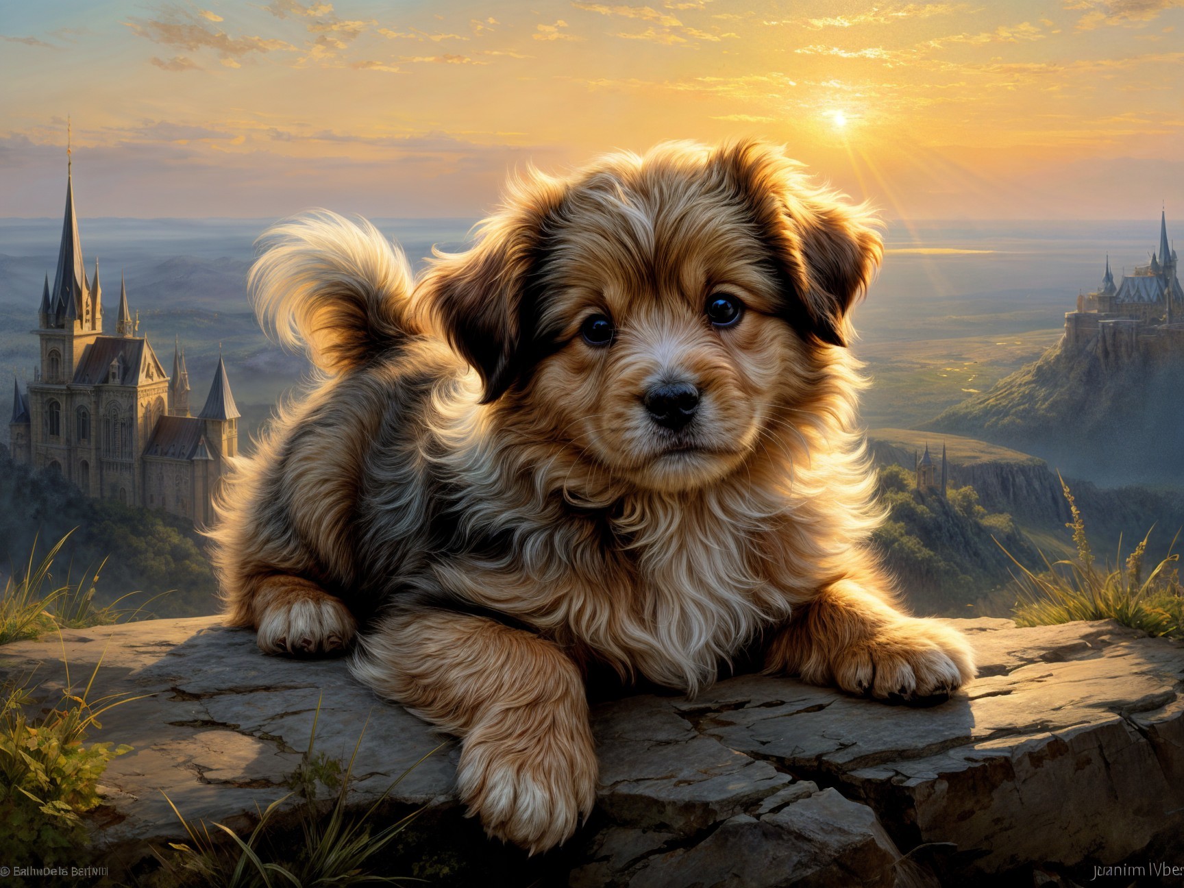 Fluffy Puppy on Rocky Ledge with Sunset Valley View