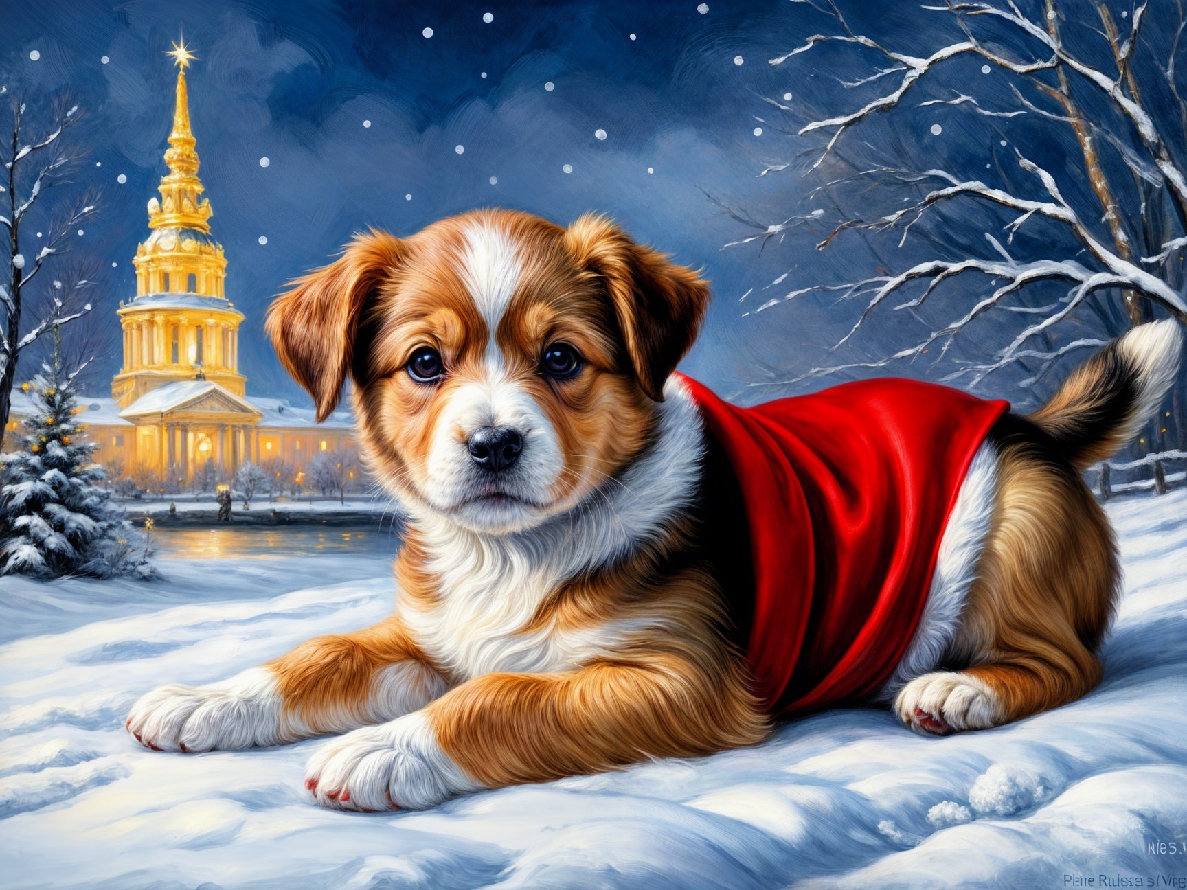 Puppy in Red Cape in Snowy Winter Landscape