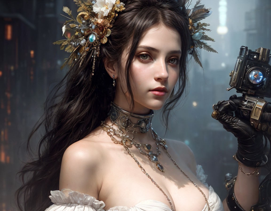 Digital artwork featuring woman with ornate headdress, steampunk prosthetic arm, Victorian dress,