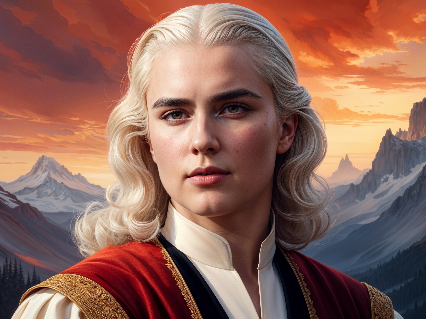 Young Individual in Traditional Outfit Against Sunset Landscape