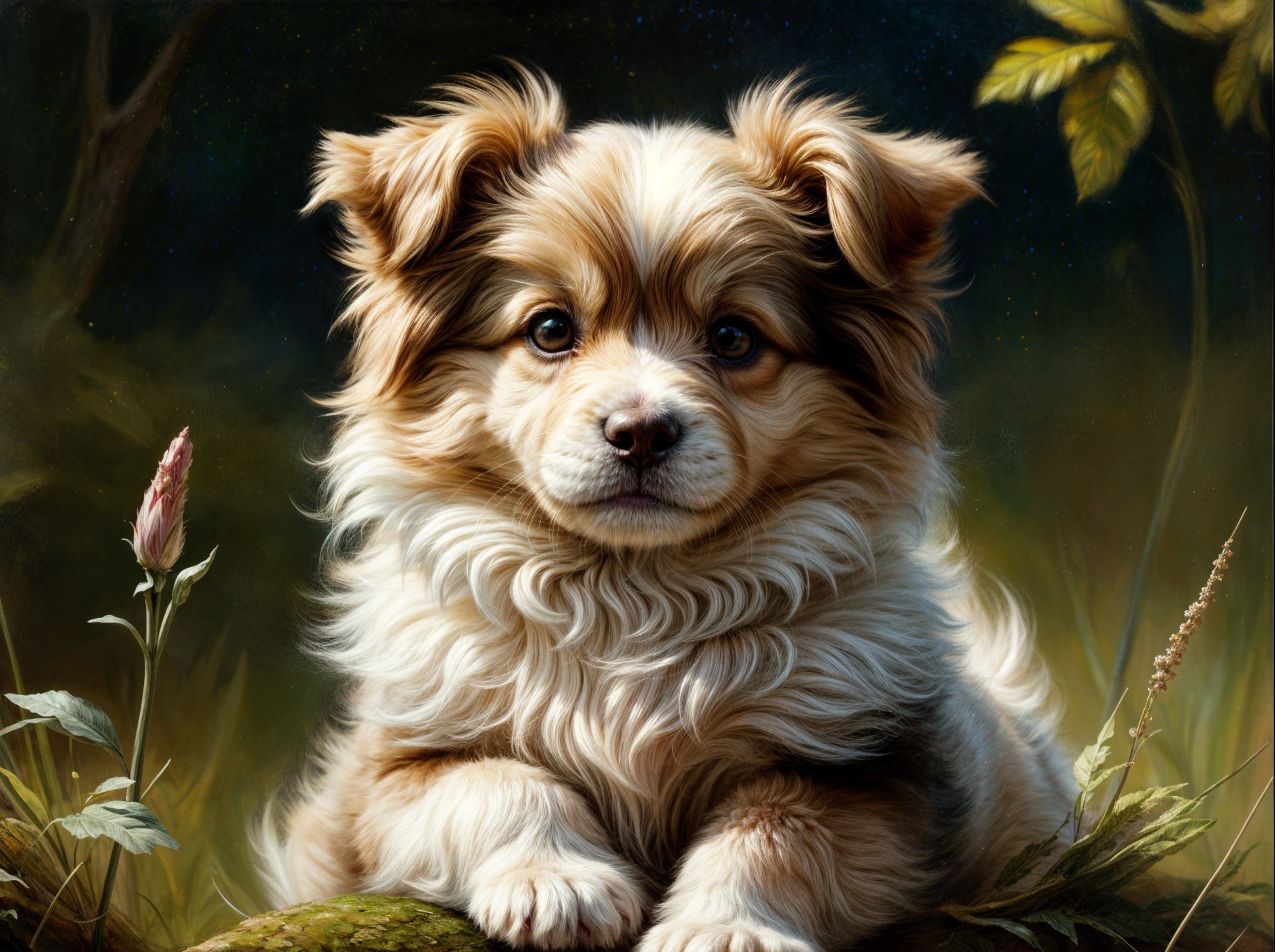 Fluffy Brown and Cream Puppy Among Delicate Plants
