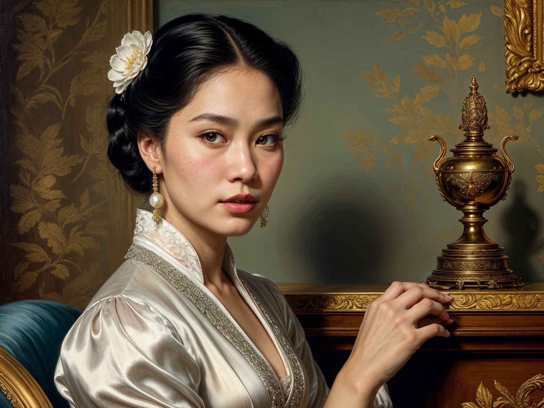 Elegant Portrait of a Woman in Silk Gown and Flowers