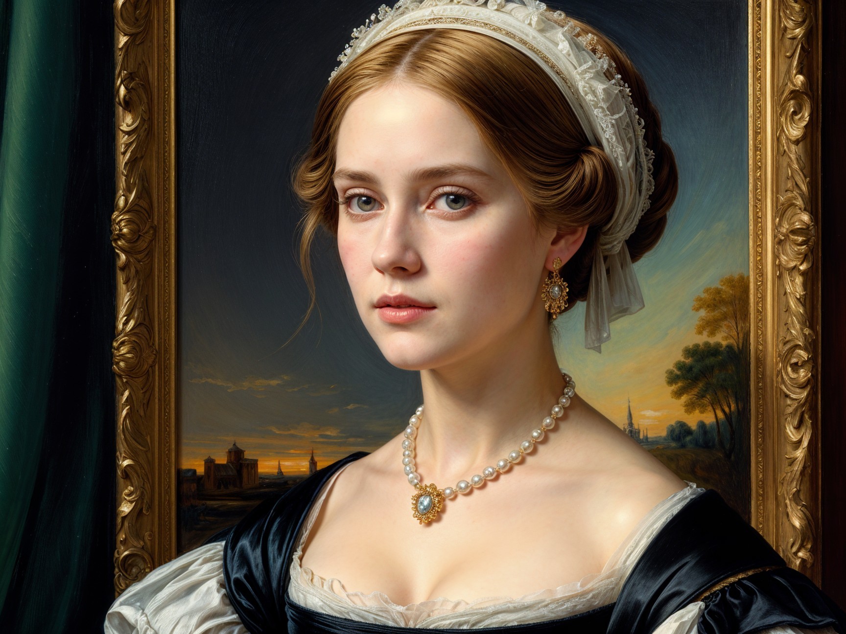 Poised Woman in Ornate Frame with Serene Landscape
