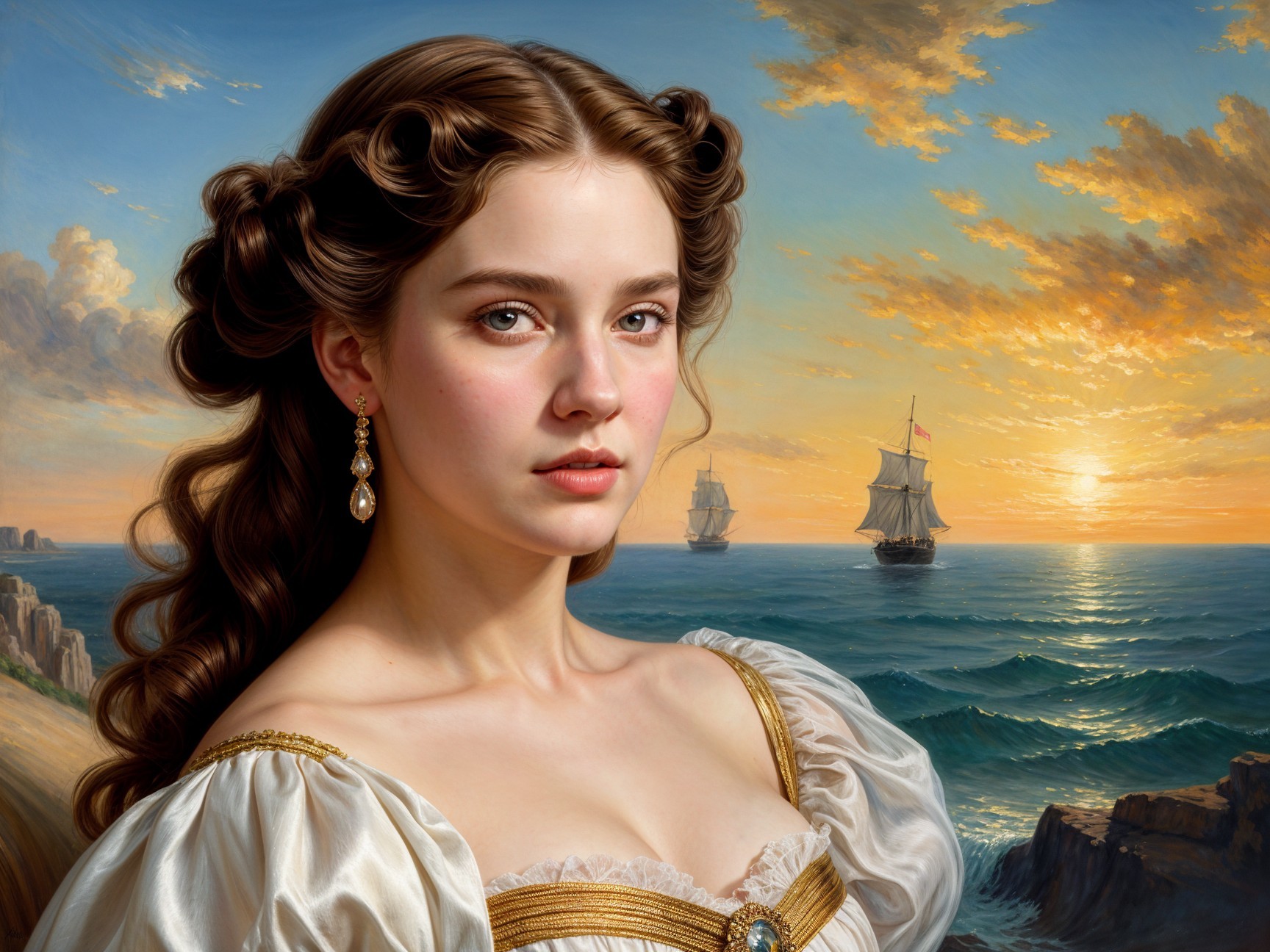 Young woman in historical dress with ships at sunset
