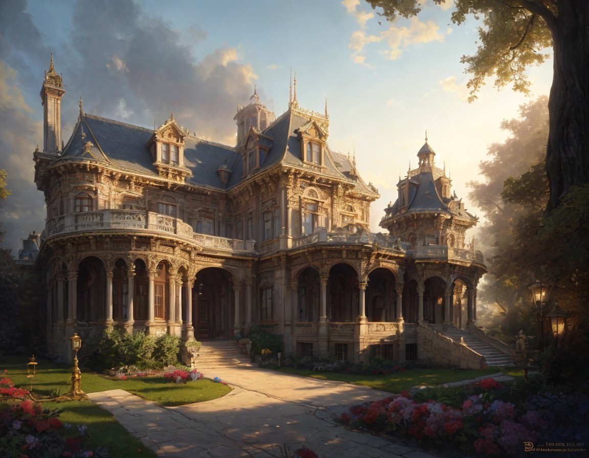 Ornate Mansion Surrounded by Lush Garden and Sunlight