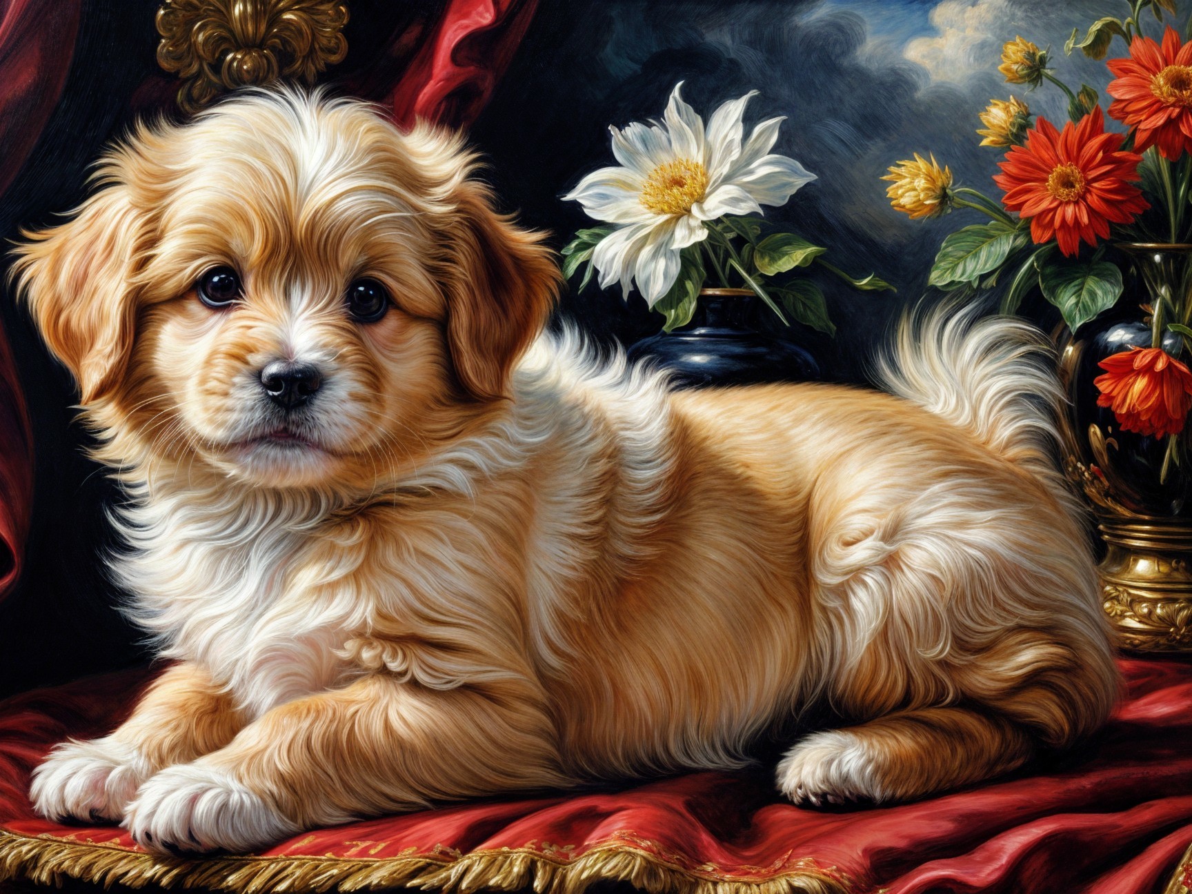 Fluffy Golden Puppy on Rich Red Fabric with Flowers