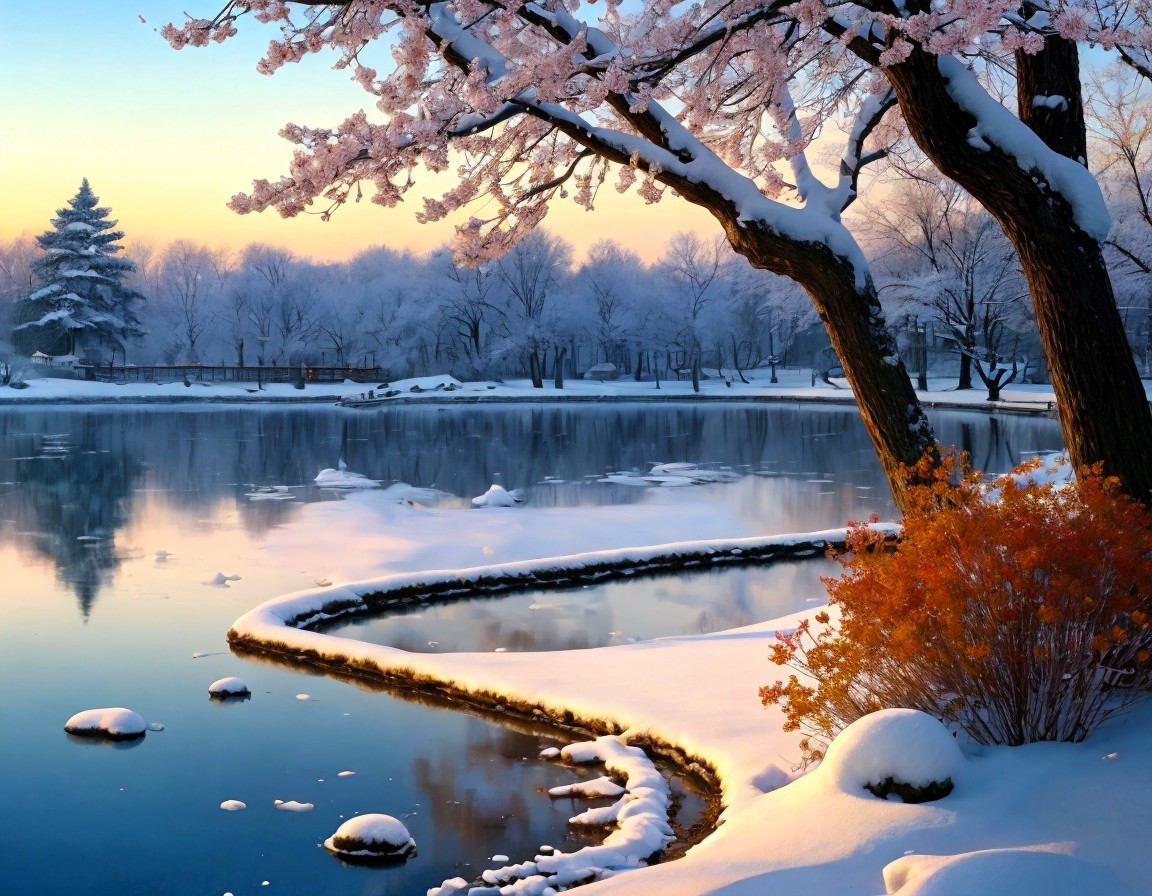 Winter Park Scene: Snow, Cherry Blossoms, Lake, Twilight Colors