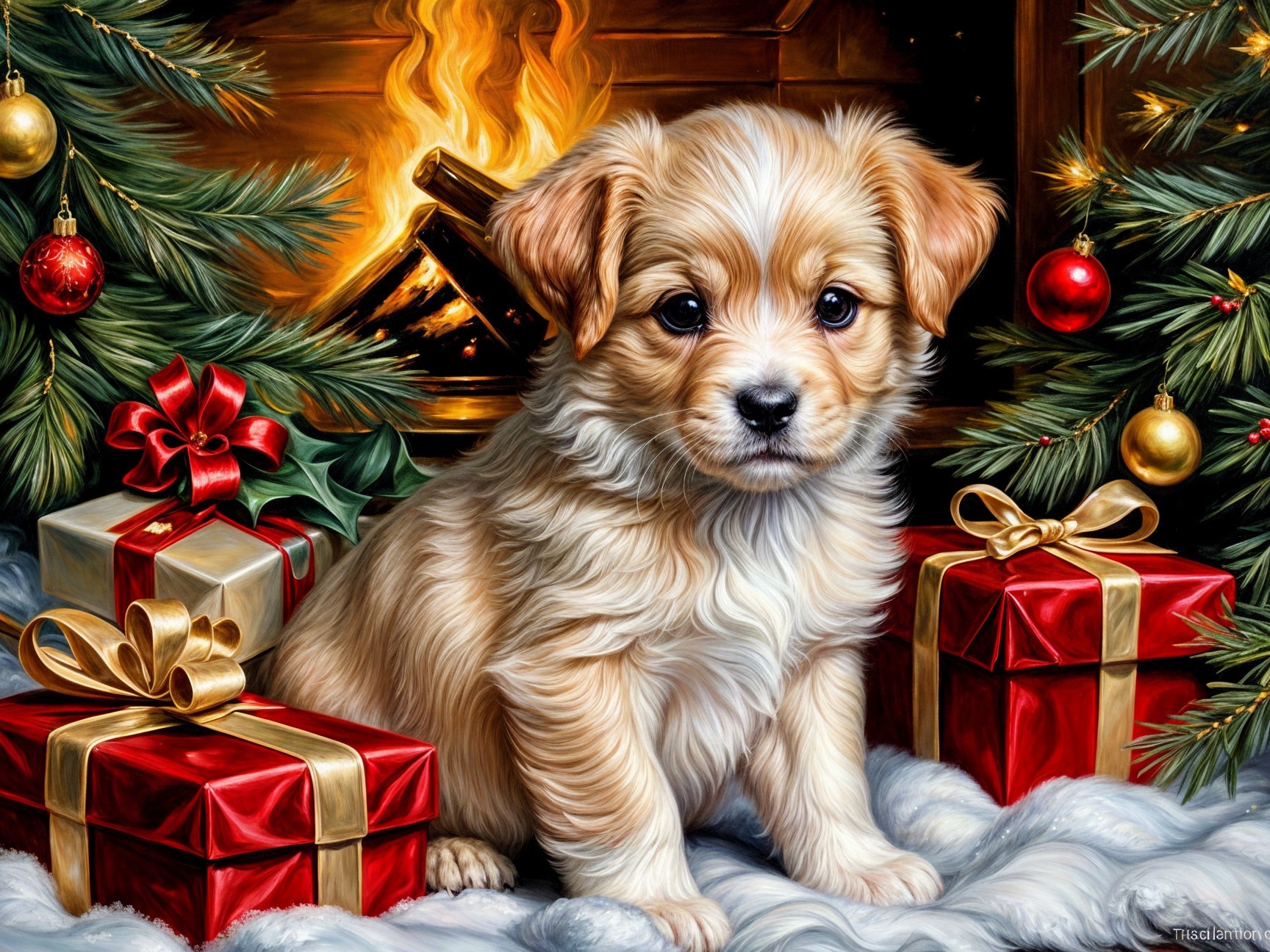 Golden Puppy Surrounded by Festive Holiday Decor