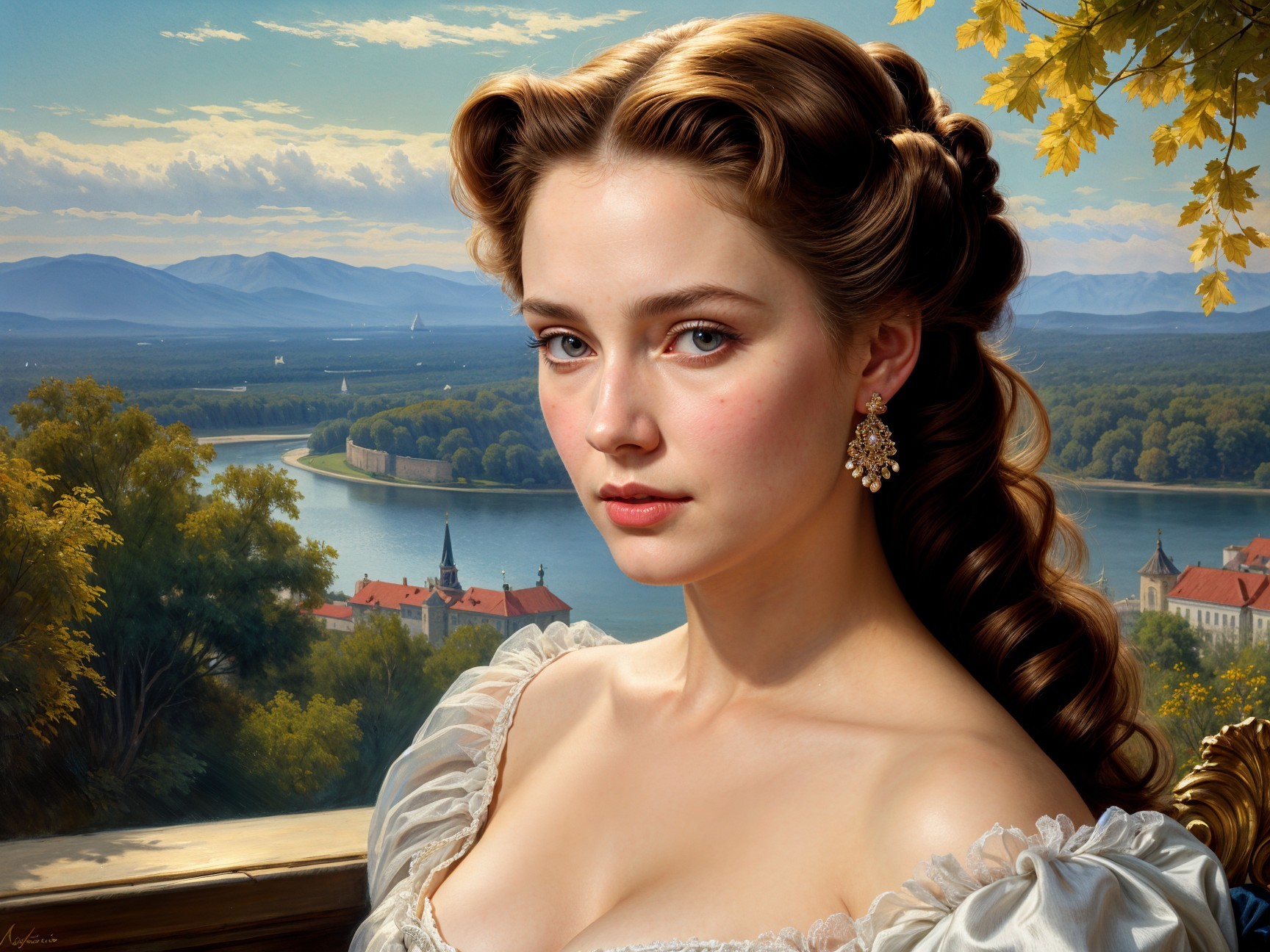 Thoughtful Woman in Elegant Dress by Serene Landscape