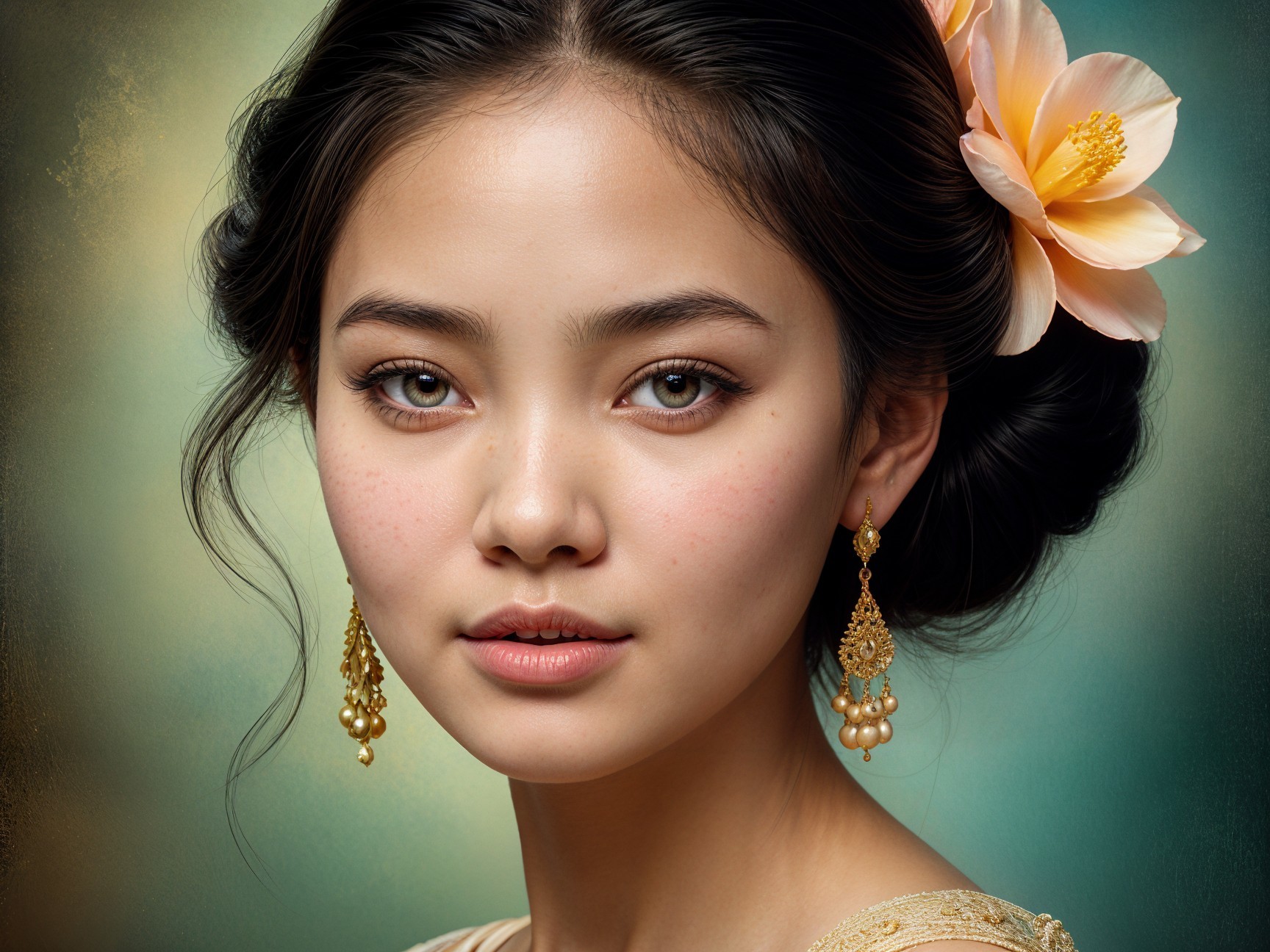 Young woman with serene expression and elegant attire