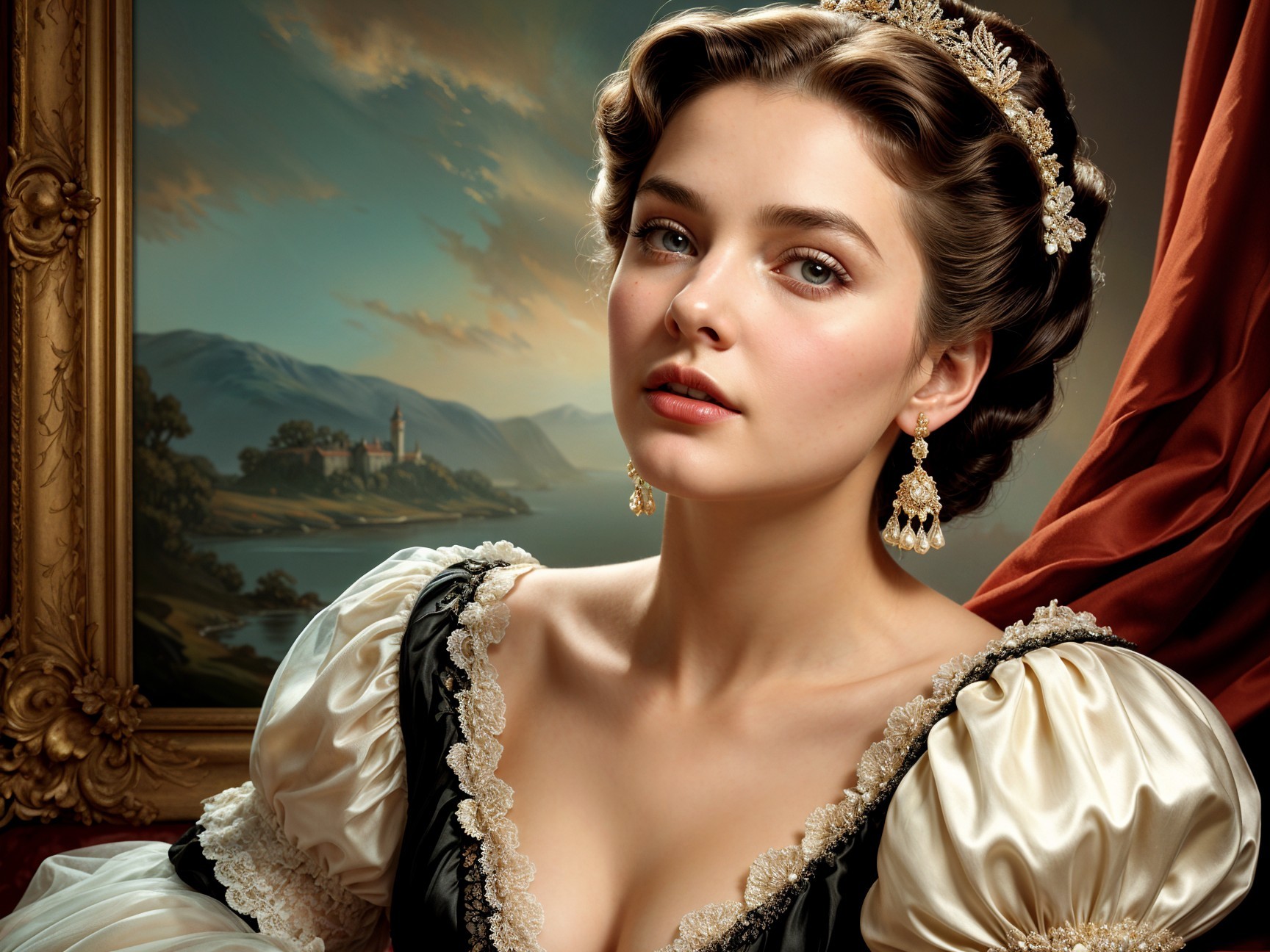 Young Woman in Vintage Gown by Scenic Lake and Mountains