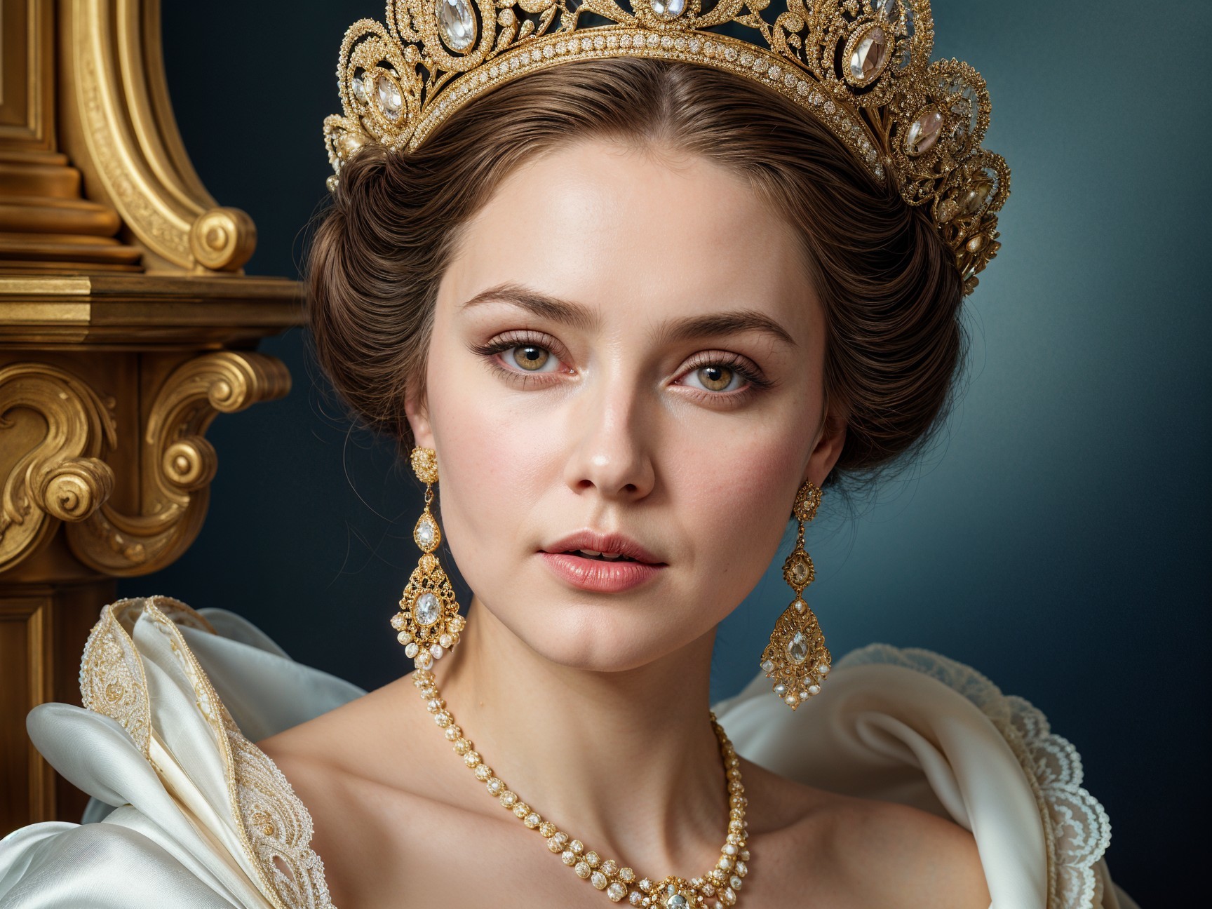 Elegant woman in gown with crown and jewels