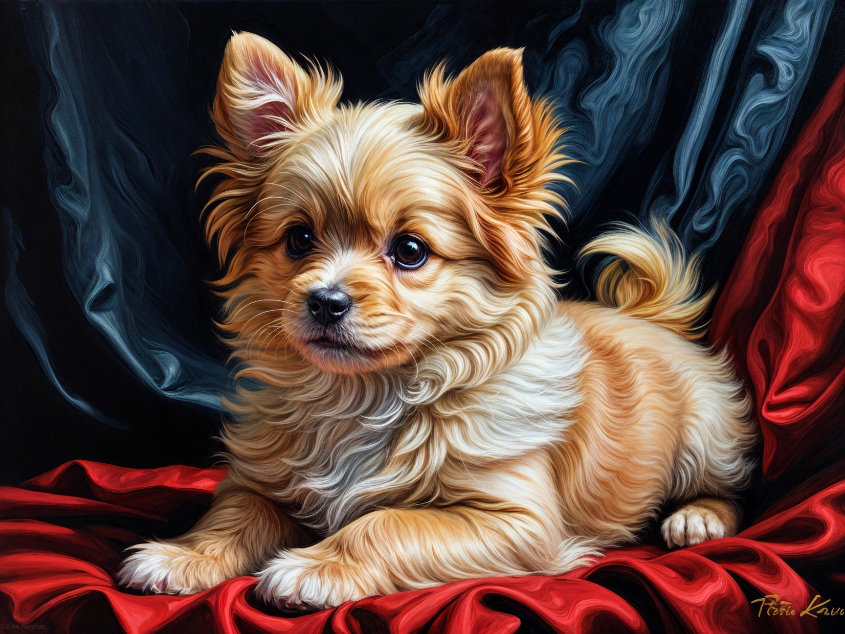 Fluffy Golden Dog on Rich Red and Black Fabric