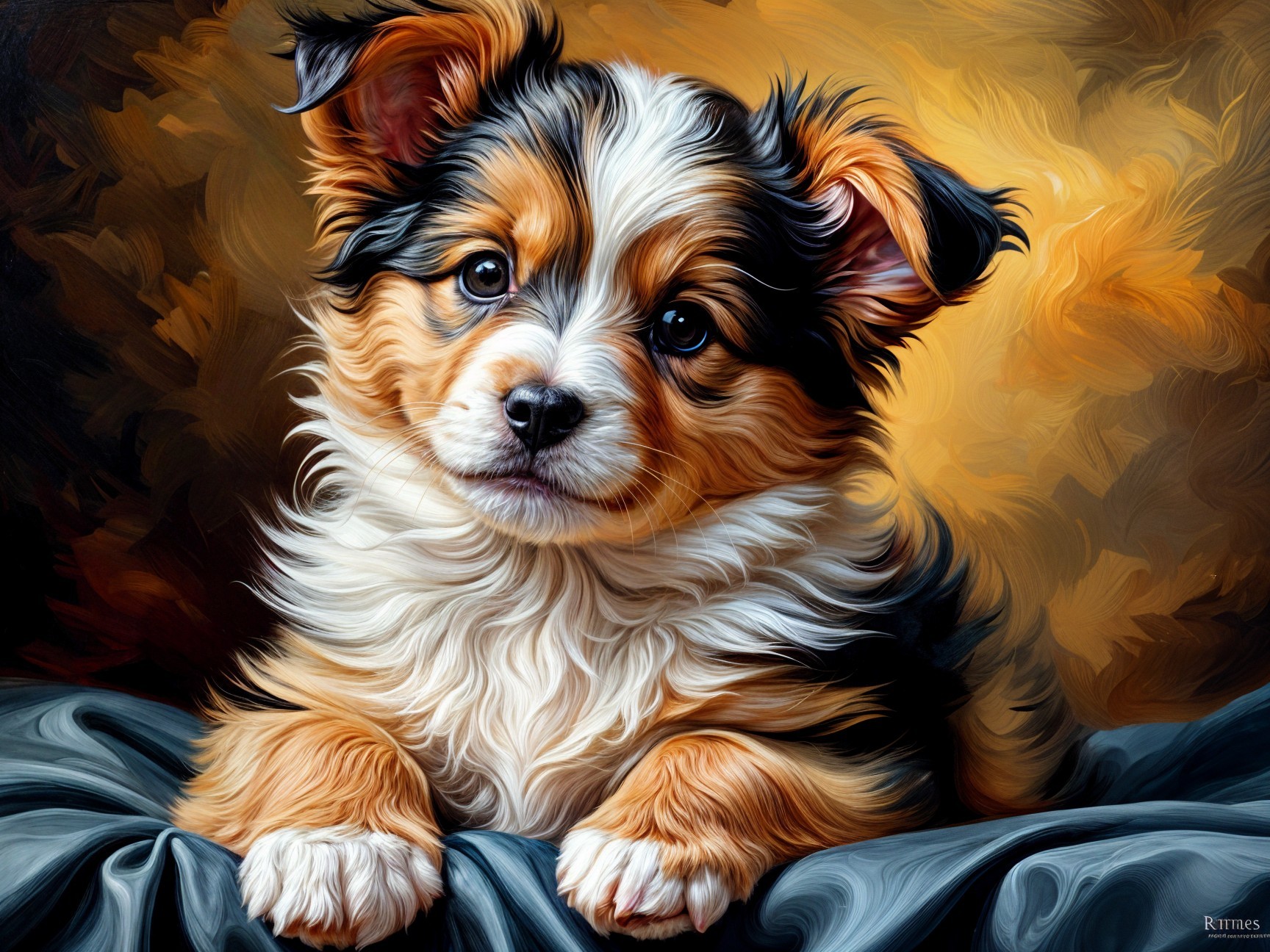 Charming Puppy with Fluffy Black, White, and Orange Coat