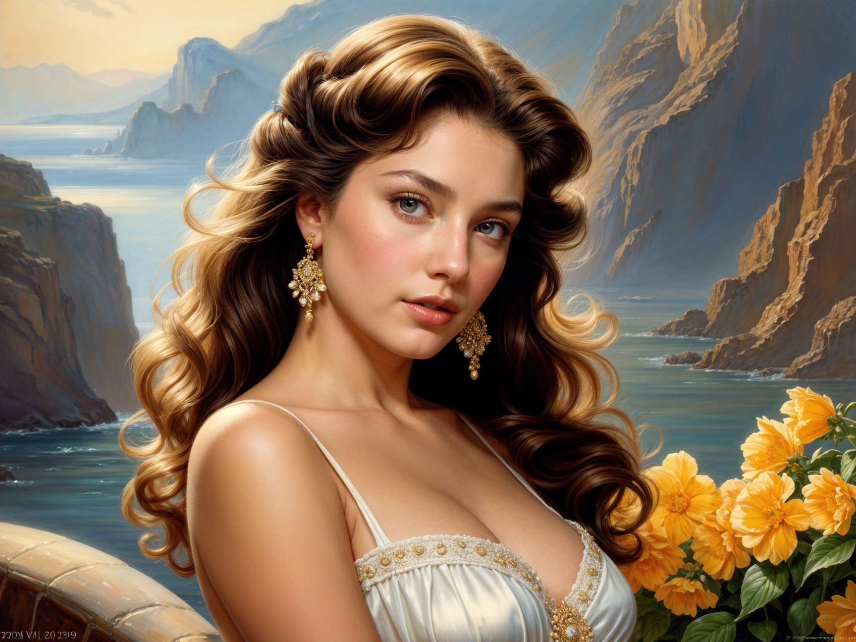 Young woman in elegant dress by coastal landscape