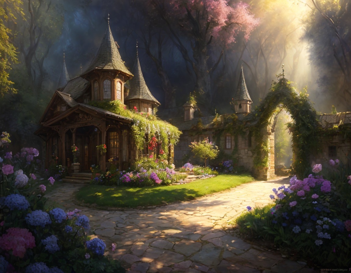 Charming forest cottage with blooming flowers and ivy-covered walls