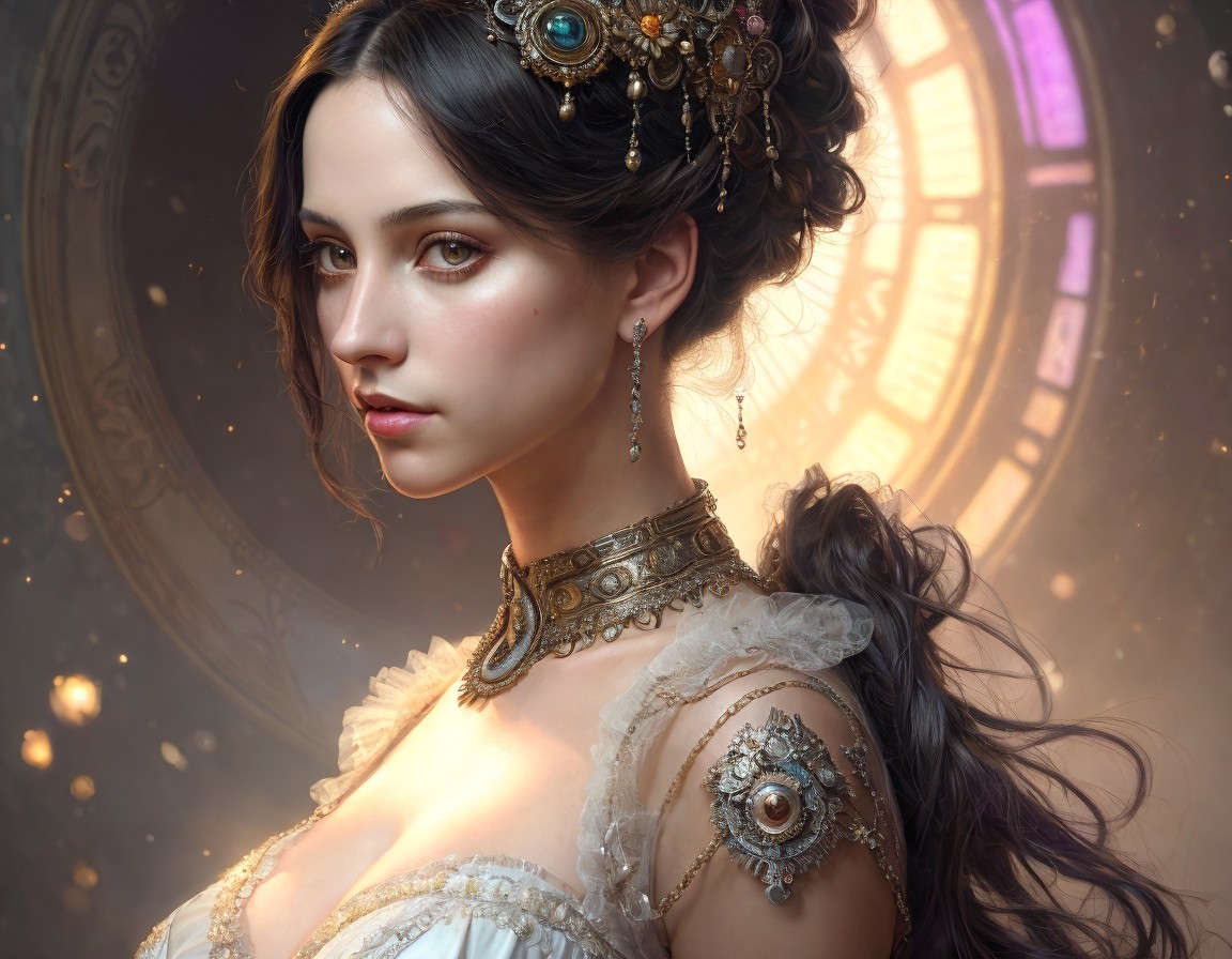 Young Woman in Elegant Gown with Vintage Clock Backdrop