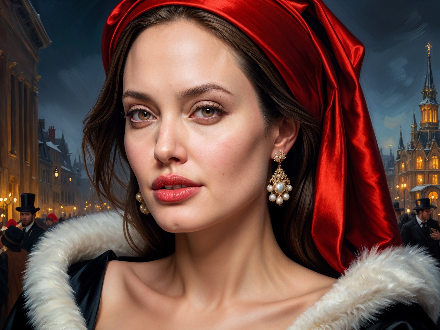 Portrait of a Woman in Black Fur Coat and Red Headscarf