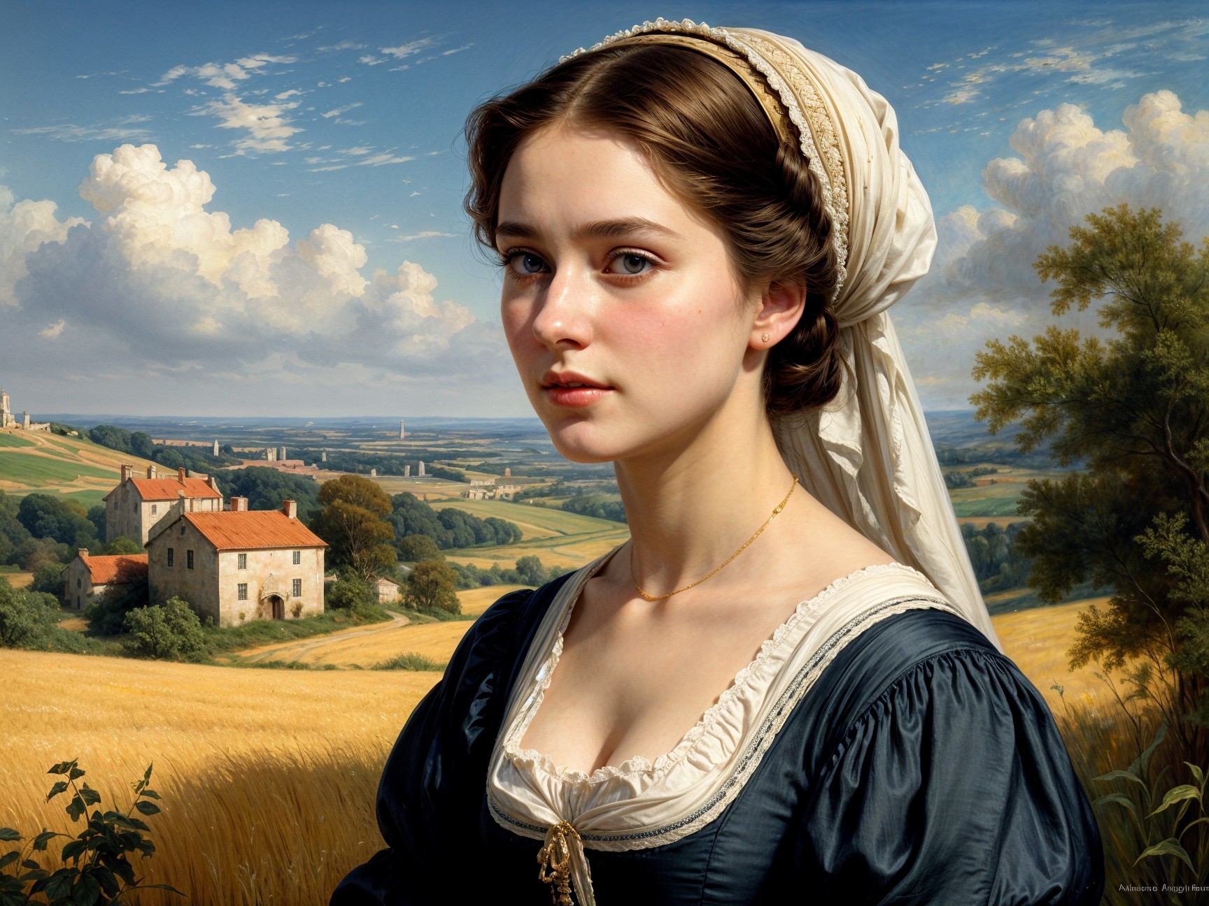 19th-Century Woman in Serene Landscape Setting