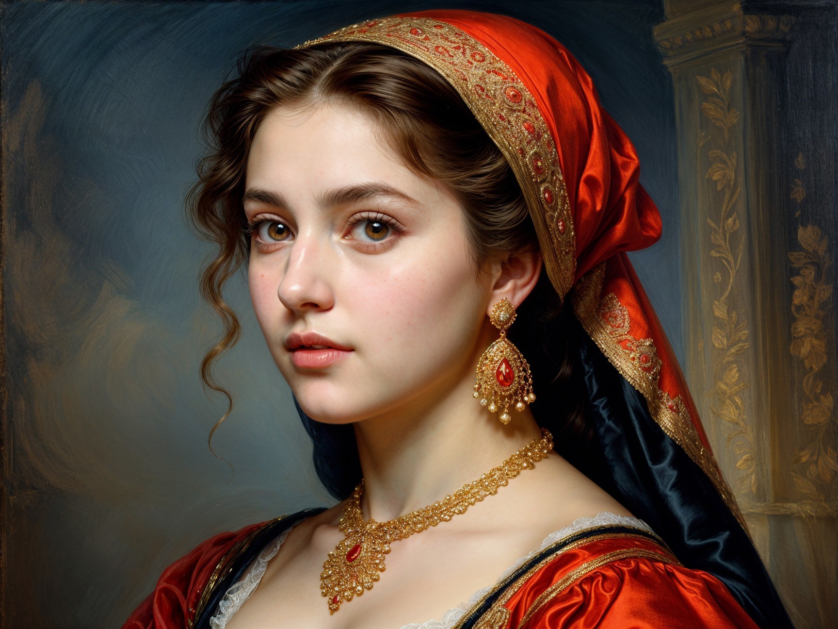 Young Woman in Traditional Red Dress with Jewelry