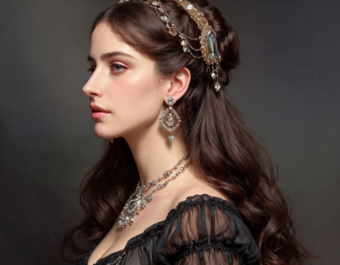 Stylish Woman in Black Ruffled Dress with Jeweled Accessories