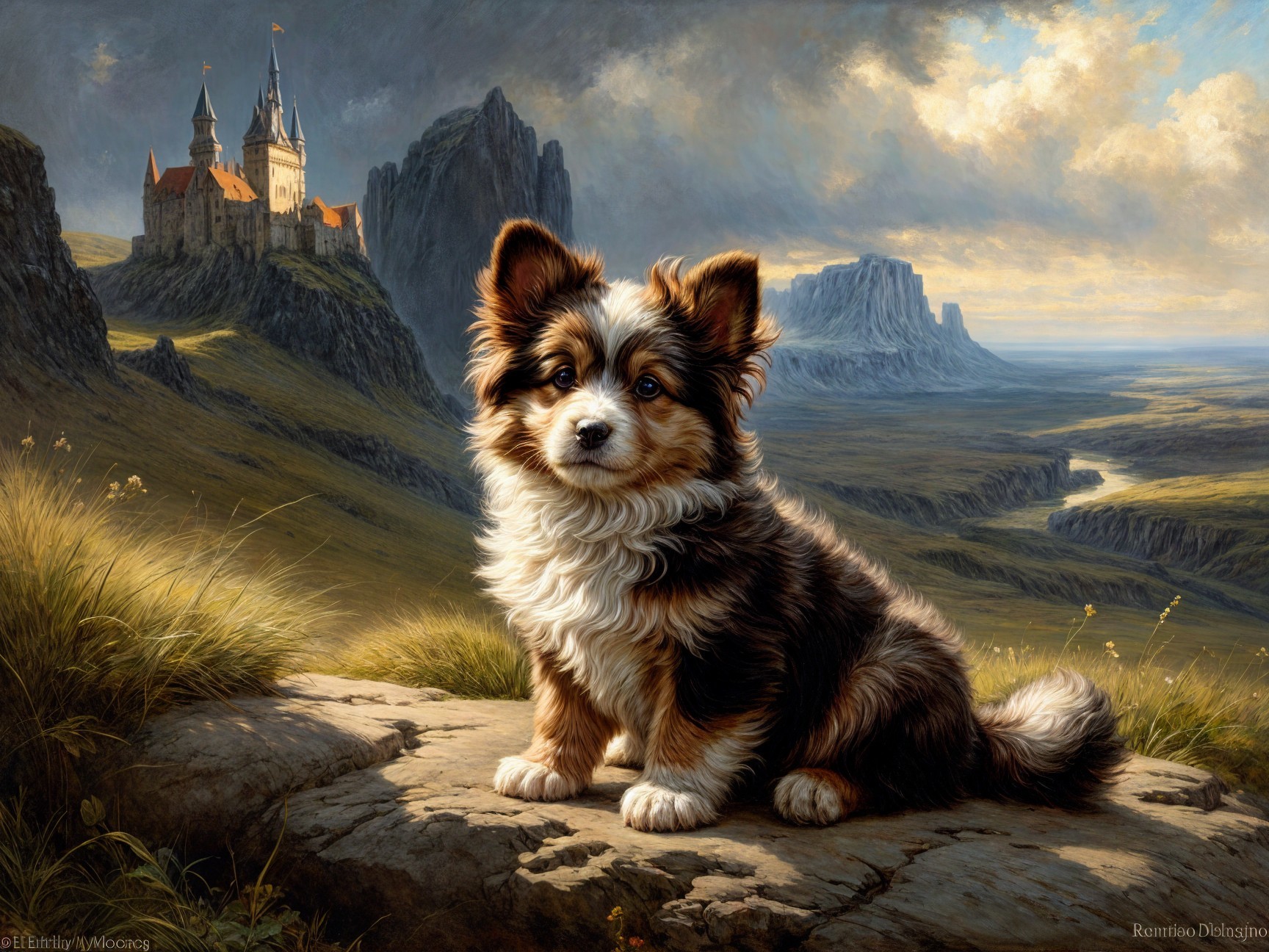 Fluffy Dog on Rocky Outcrop with Scenic Landscape