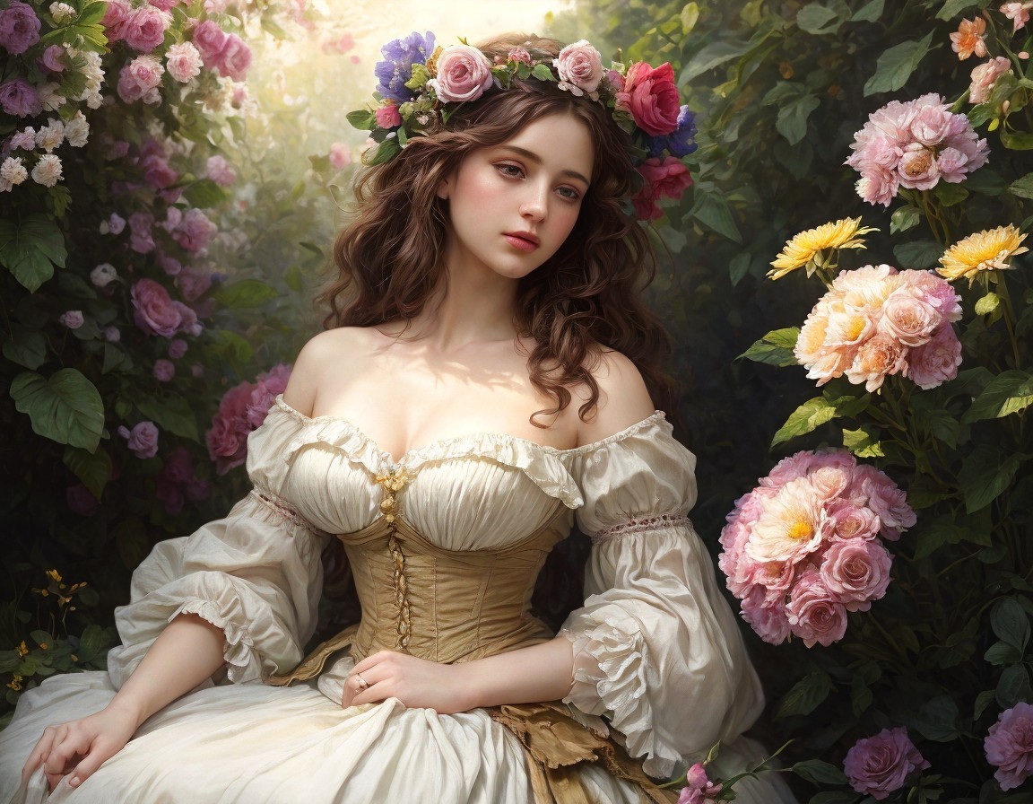 Young woman with floral wreath surrounded by roses in vintage cream dress