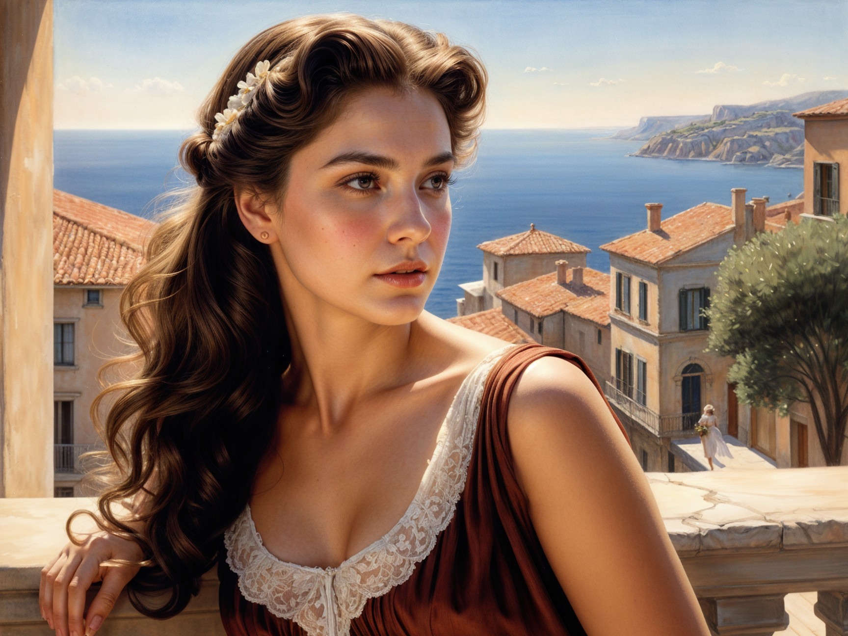 Young woman in brown dress on sunlit terrace with sea view