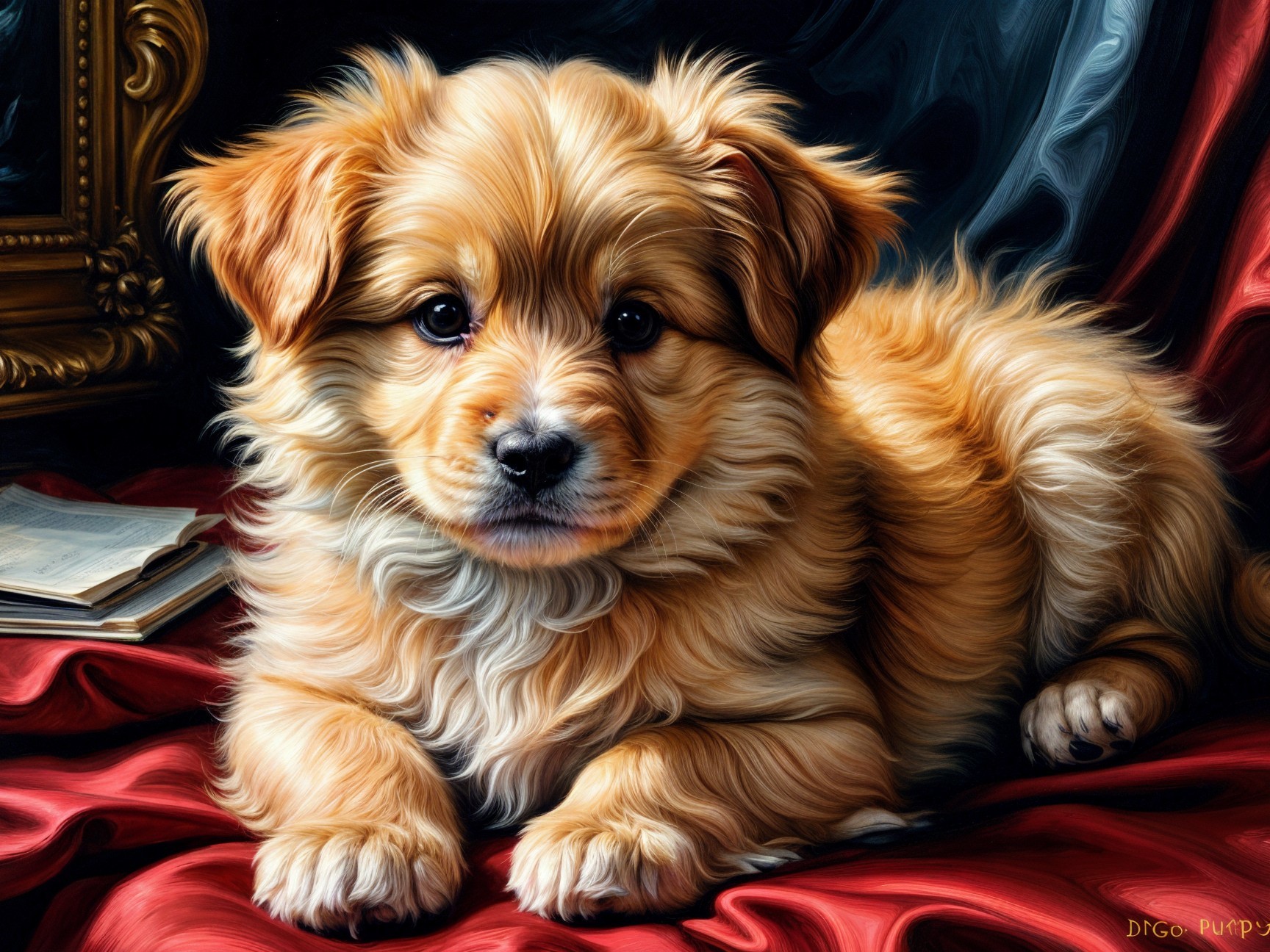 Fluffy Golden Puppy on Red Velvet Surface