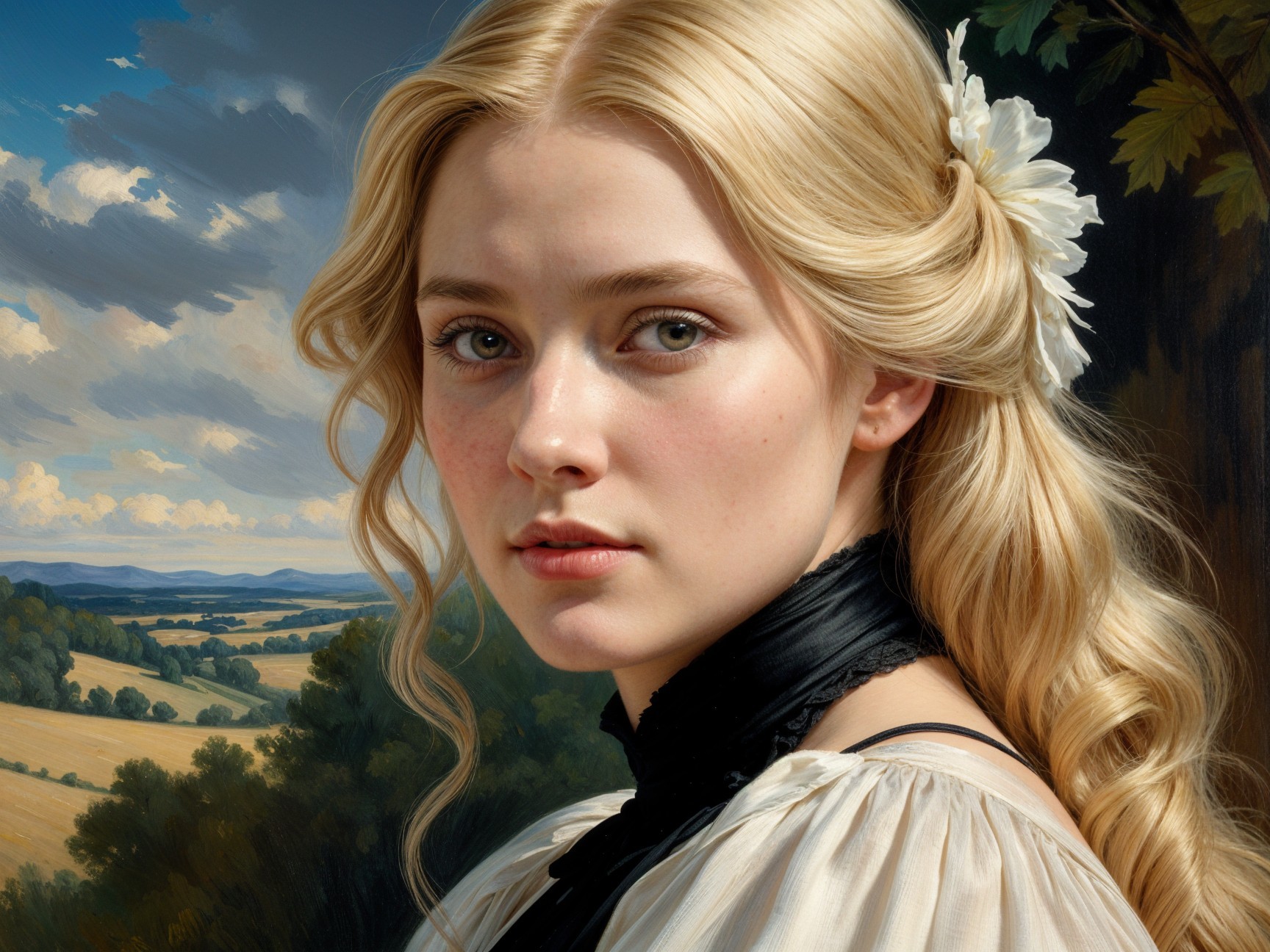 Young Woman with Blonde Hair in Scenic Landscape