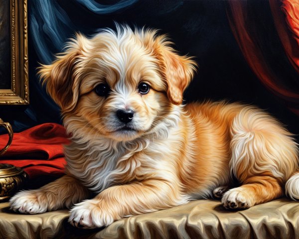 Fluffy golden puppy on textured fabric background