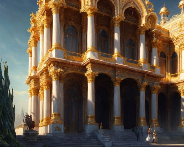 Luxurious golden palace with intricate architecture and statues under warm sunlight